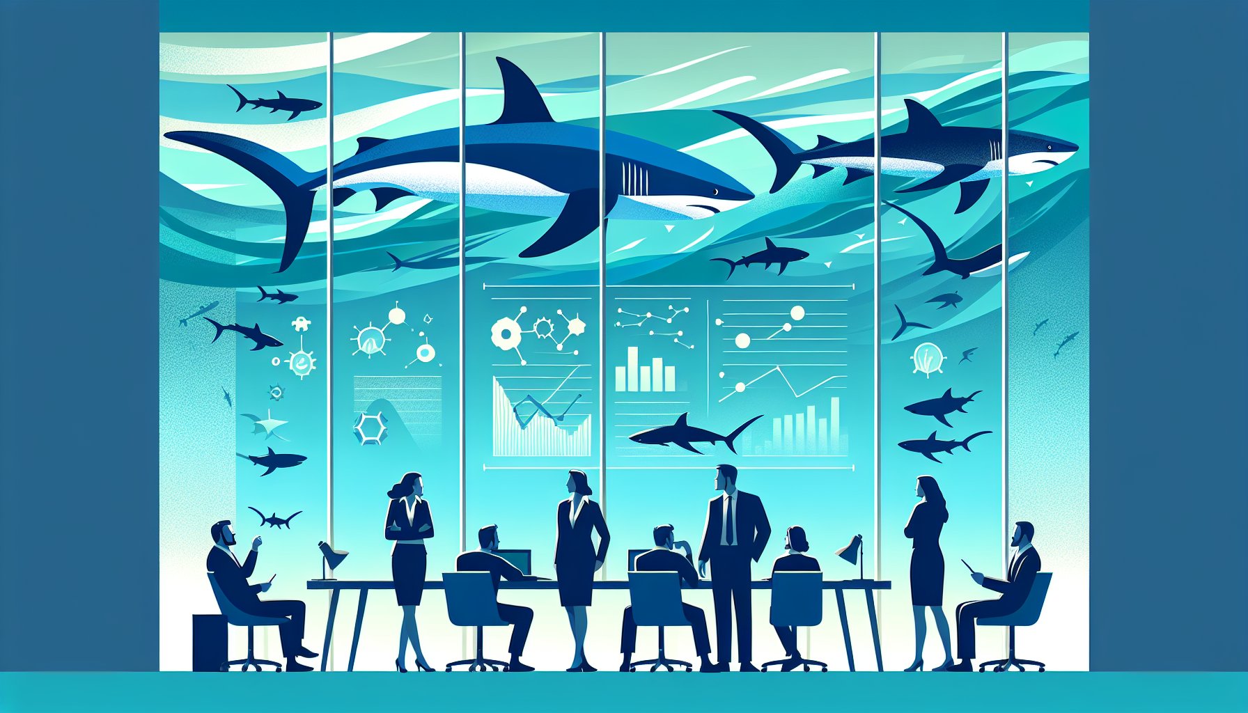 オフィス越しに海とニタリザメを眺める人々、サメの生態 ニタリザメと暮らしの調和