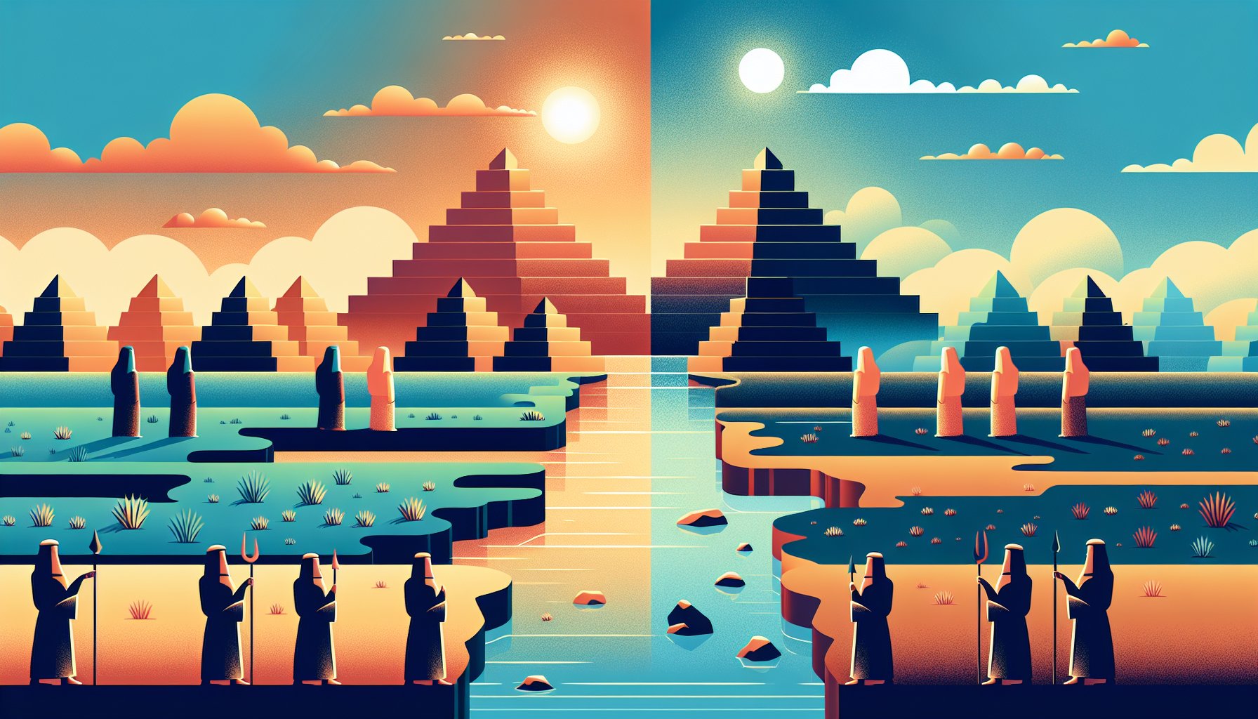 古代メソポタミア 気候変動で川が枯れ都市が衰退していく様子を対比的に描写