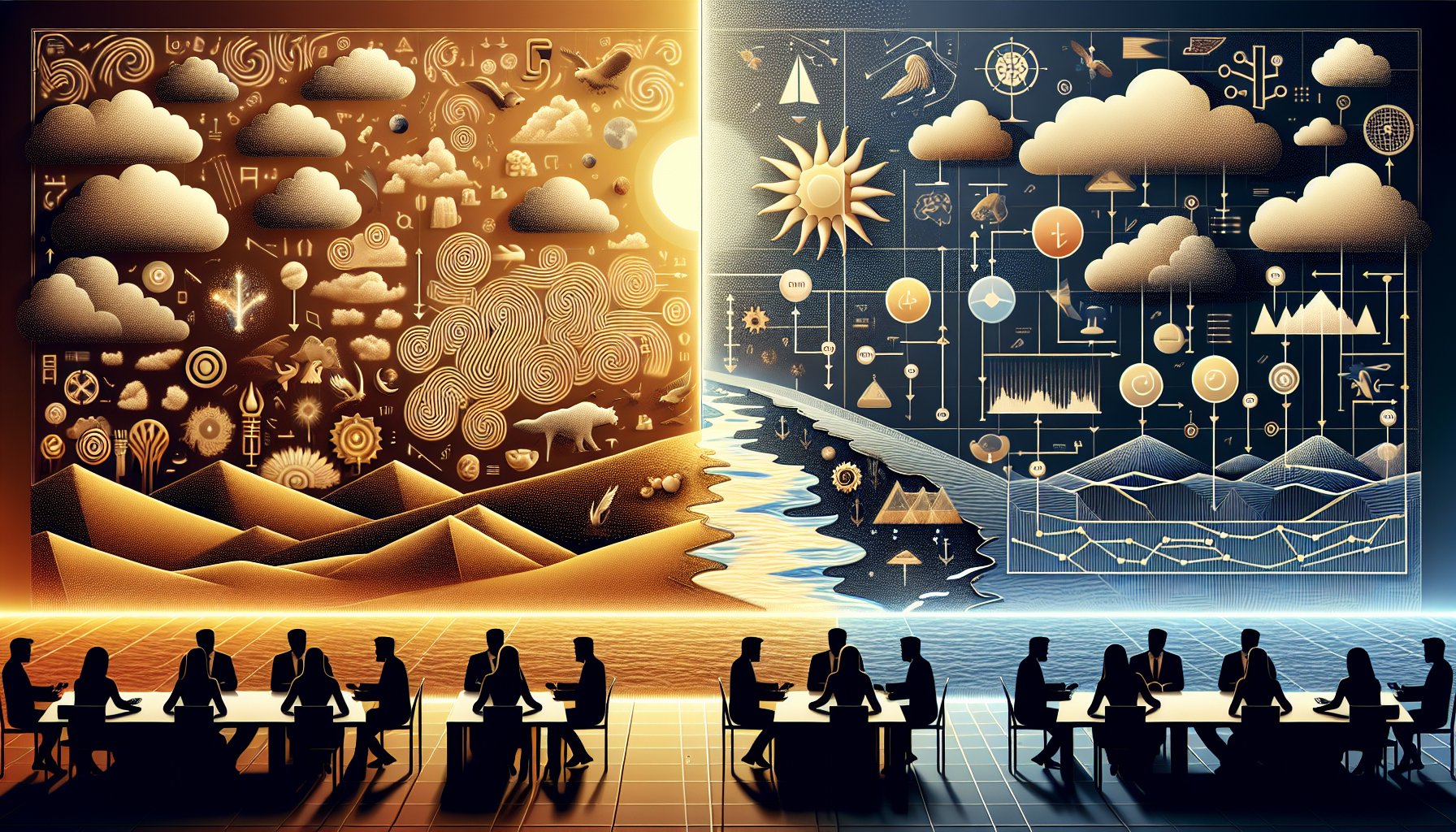 古代メソポタミア 気候を巡る神話的イメージと科学的データを対比するビジネス風イラスト