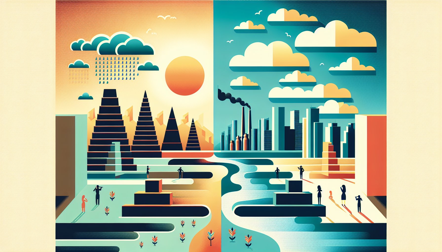 古代メソポタミア 気候と現代都市を対比し、川と空を通じて共通の環境課題を象徴的に描くイラスト
