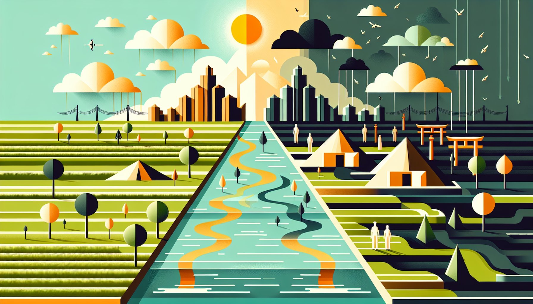 シュメール文明 洪水伝説を象徴し、豊かな運河と迫り来る氾濫を対比する古代都市風景