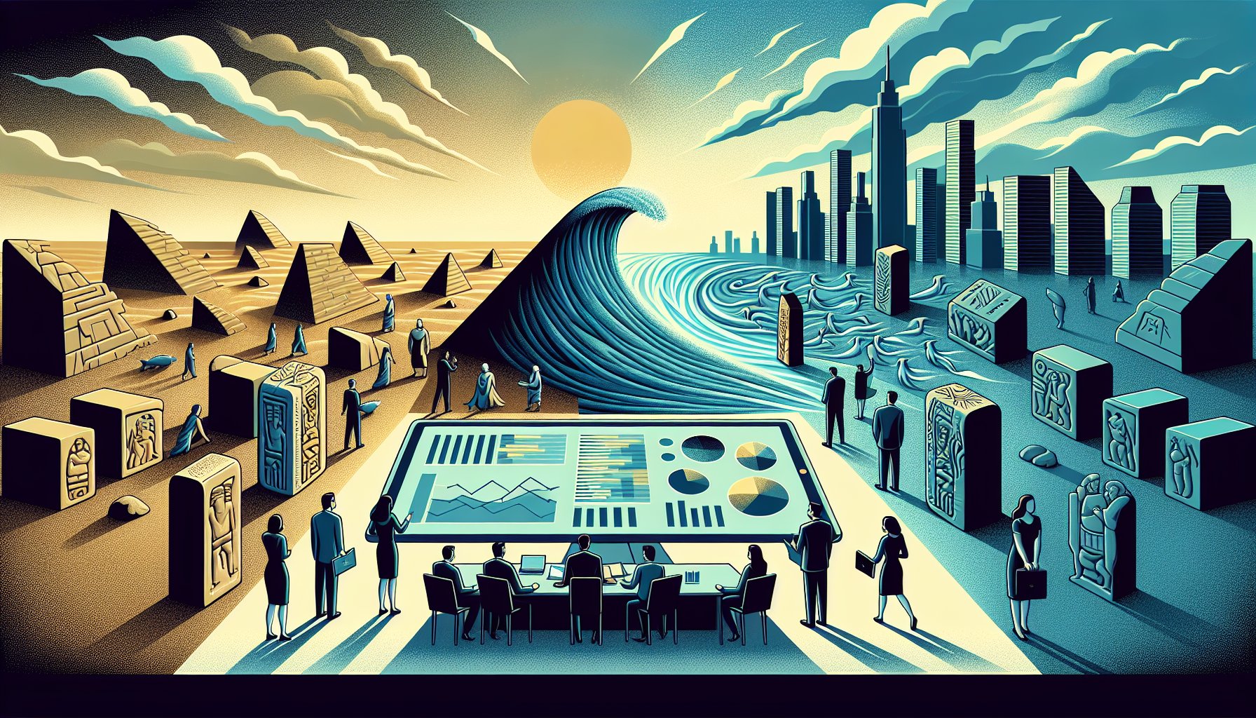 シュメール文明 洪水伝説を現代都市伝説として分析するビジネス風イラスト