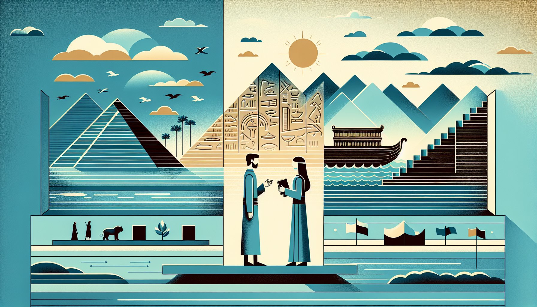 ノアの箱舟 メソポタミア洪水神話の重なりを示す抽象的な対比イラスト