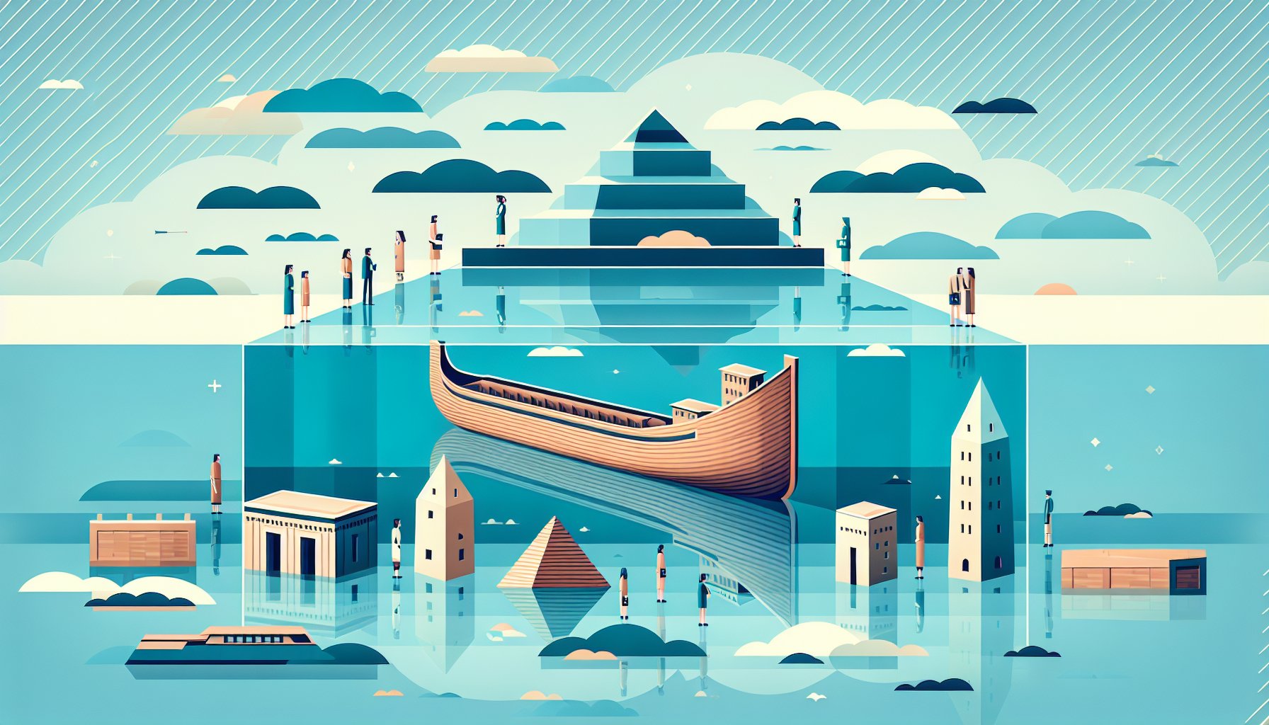 ノアの箱舟 メソポタミア神話の洪水伝説を抽象化し研究者が観察する様子