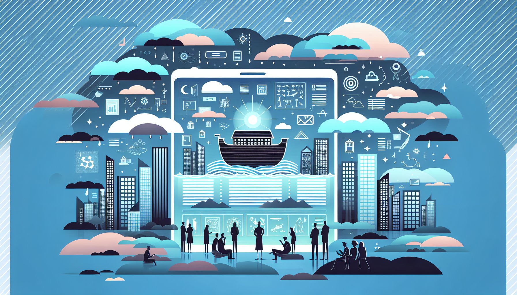 夜の都市に浮かぶデジタル画面にノアの箱舟 メソポタミア神話を再解釈し都市伝説化する情景