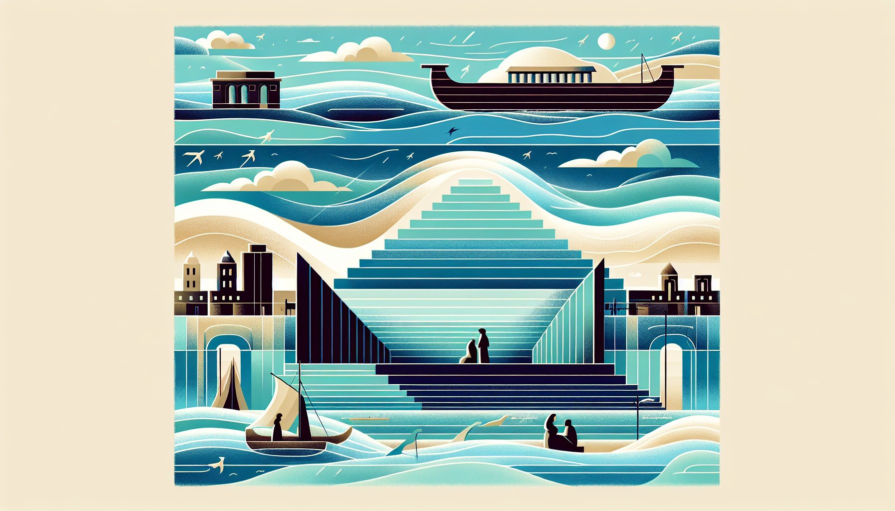 現代都市と古代都市が重なる洪水神話を象徴的に描いたノアの箱舟 メソポタミア