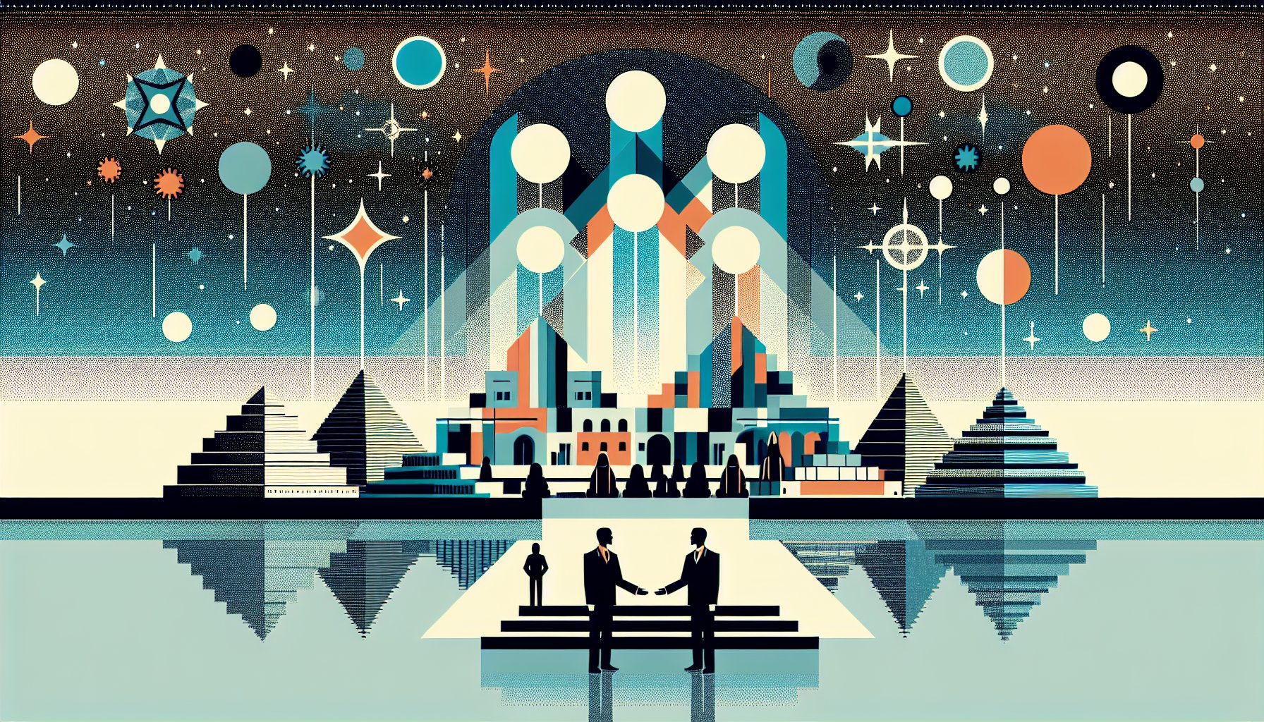 洪水神話と天から来た存在を示す世界地図と遺跡、古代文明 共通点を象徴するビジネス風イラスト