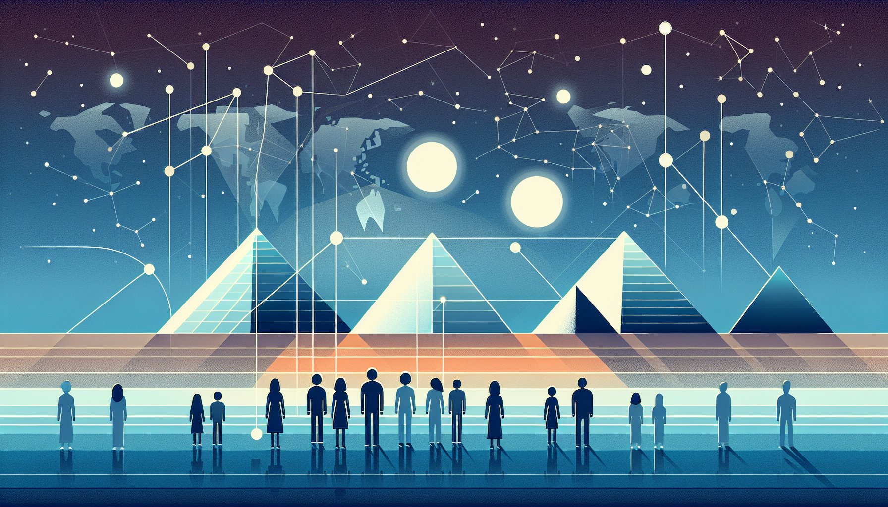 世界地図と三つのピラミッド、星と線で古代文明 共通点としての天体観測を象徴的に示すイラスト