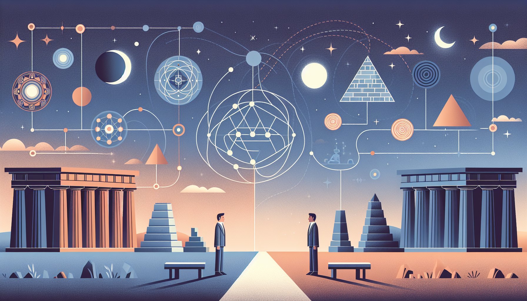 古代文明の広場に立つ二人、古代文明 共通点と学説と都市伝説のあいだのバランスを象徴