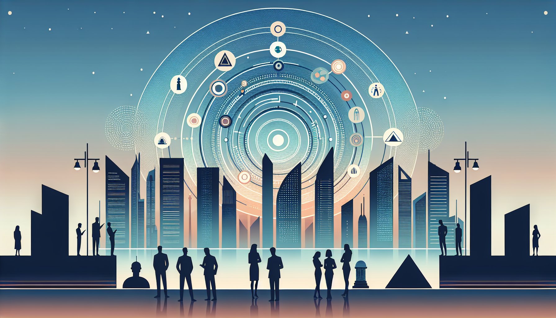 夕暮れの都市と古代遺跡が光でつながるイラスト、古代文明 共通点を象徴