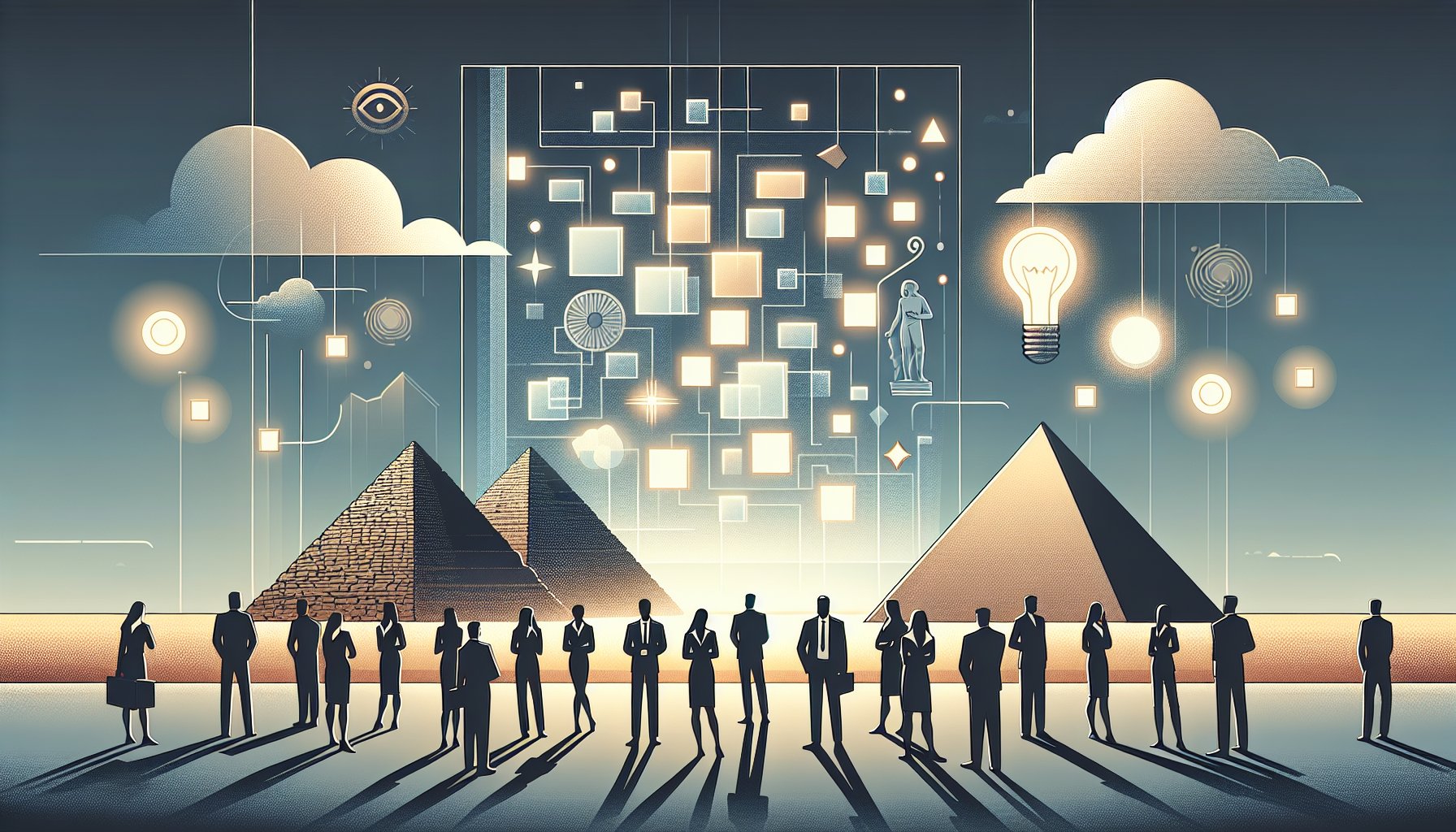 古代文明 グレーゾーンを象徴する半透明の遺跡と図解を見つめる人々