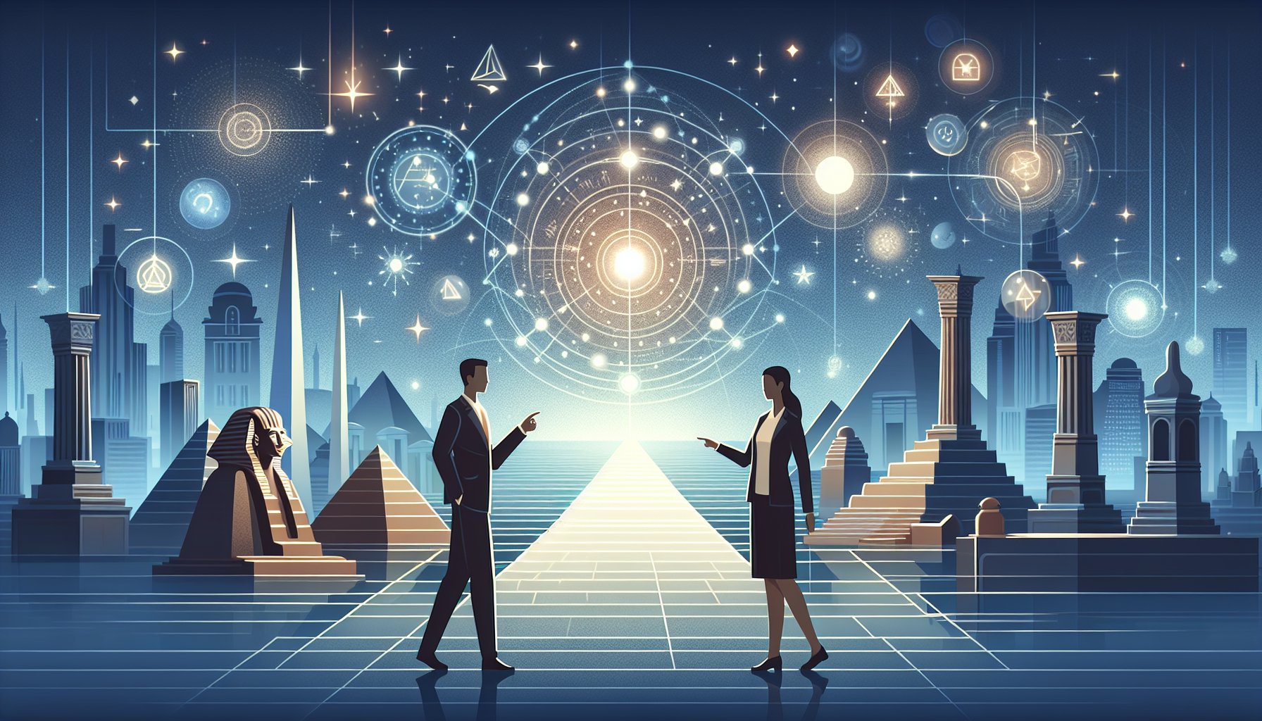 古代文明 グレーゾーンを象徴する遺跡と星霧の対比、歴史と都市伝説の間で思索する人々