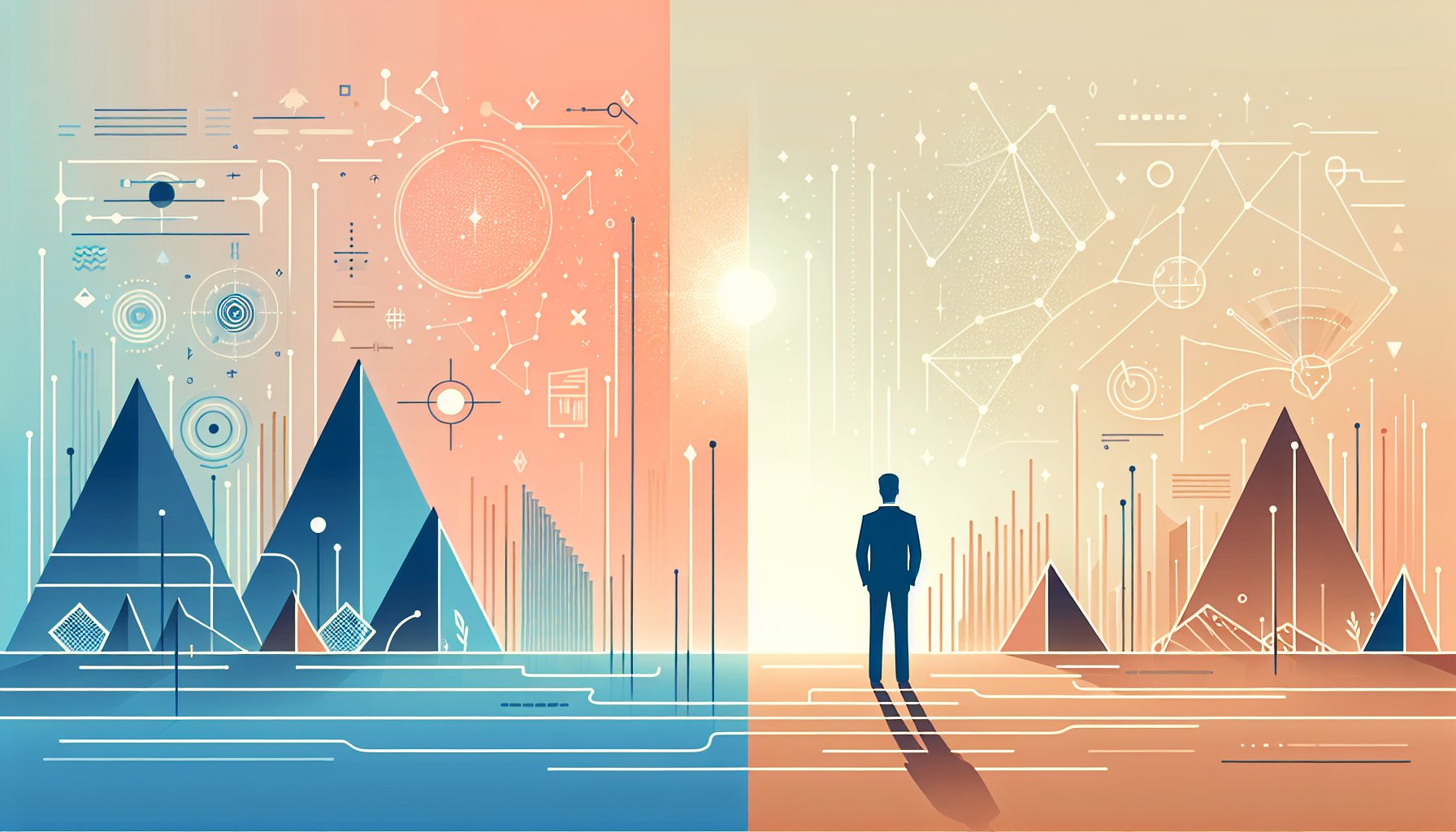 古代文明 グレーゾーンを象徴する人物シルエット、歴史と未知の神話が交差する抽象風景