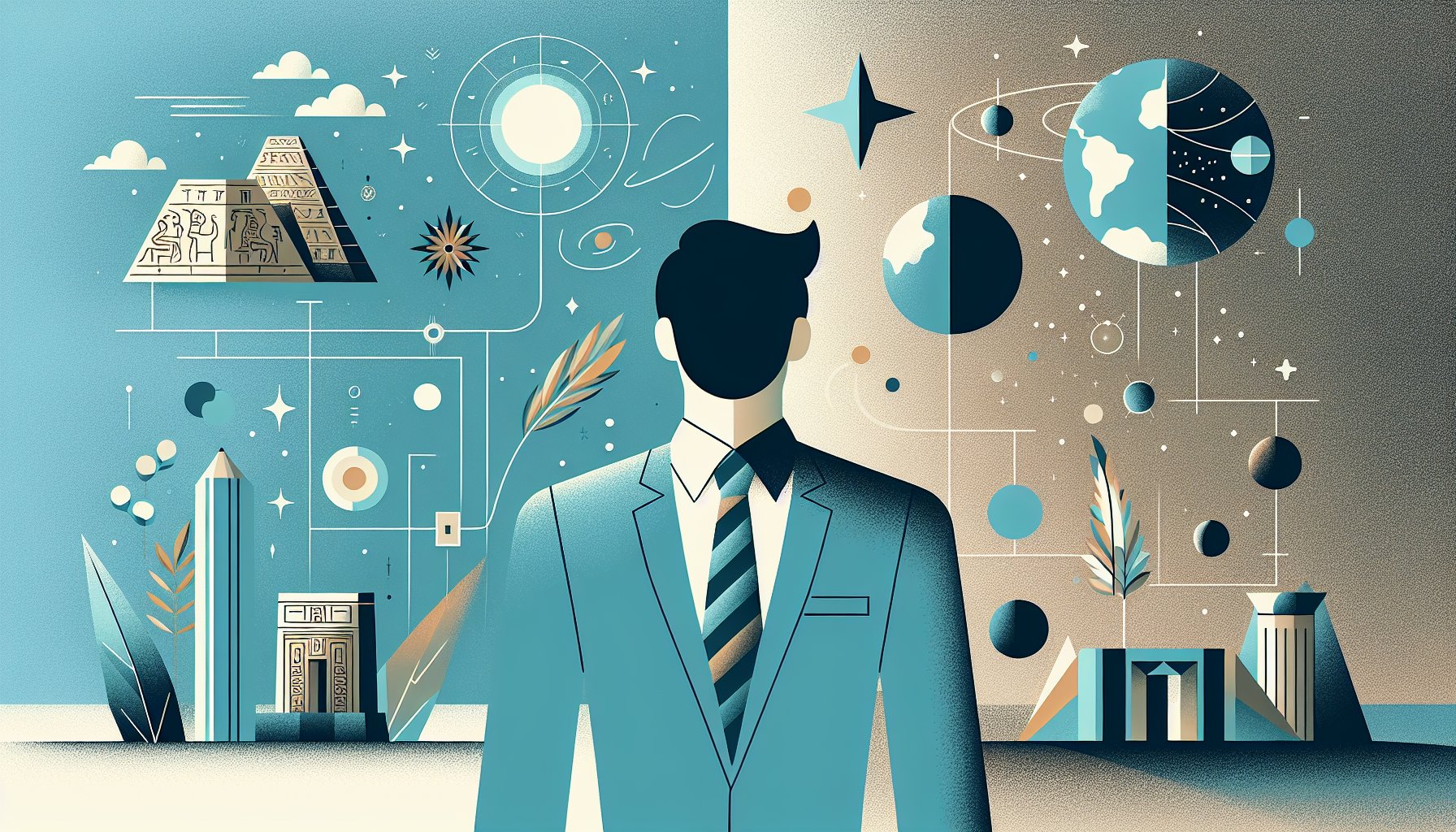 シュメール文明 異星人説の根拠と違和感を象徴する遺跡と宇宙の対比イラスト