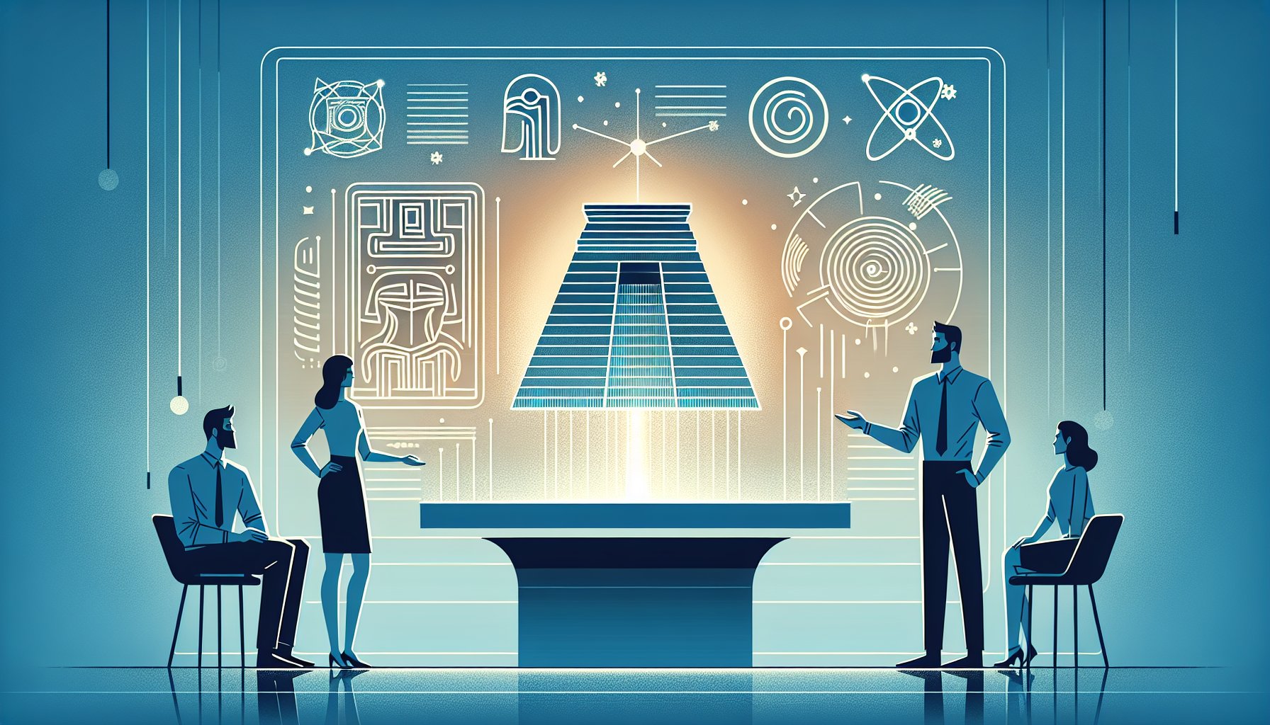 現代オフィス風の空間で研究者がホログラムを見る、シュメール文明 異星人説を冷静に考察