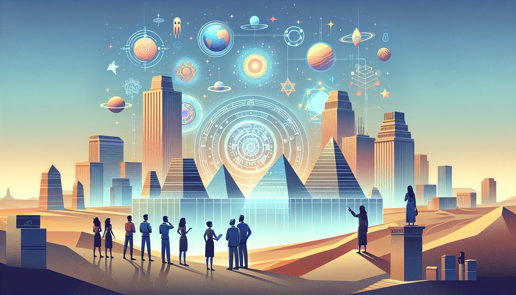 都市の屋上でホログラムを見つめる人々、シュメール文明 異星人説と現代人の姿