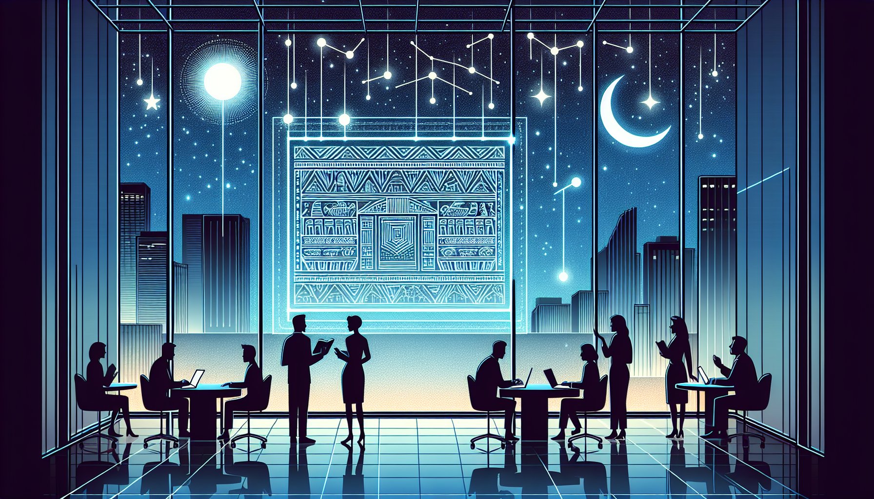 現代オフィスでシュメール文明 異星人説を考察する人々と星空・古代遺跡アイコン