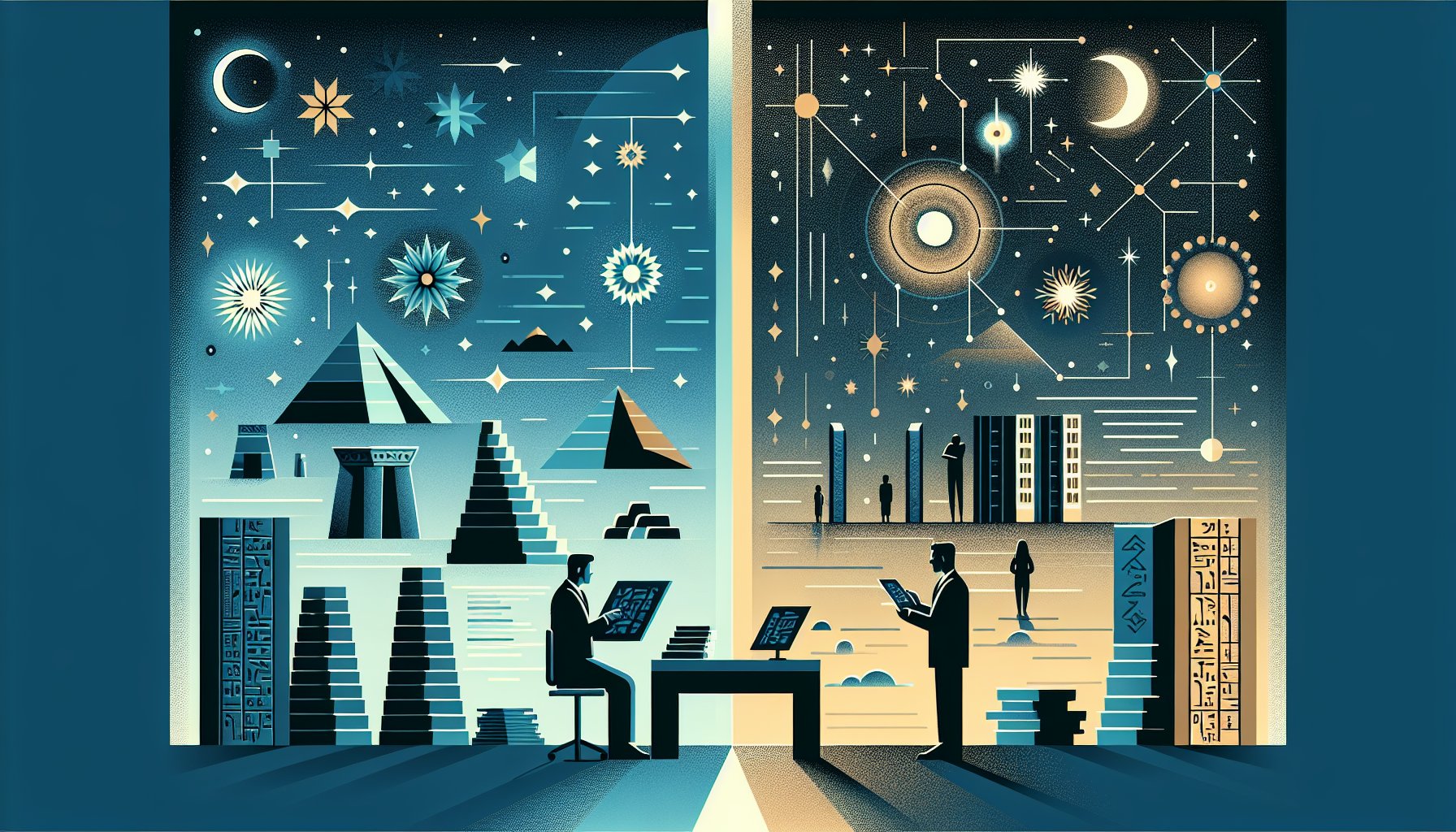 シュメール文明 人類誕生神話をめぐり、異星人説と学説の距離感を対比するイラスト