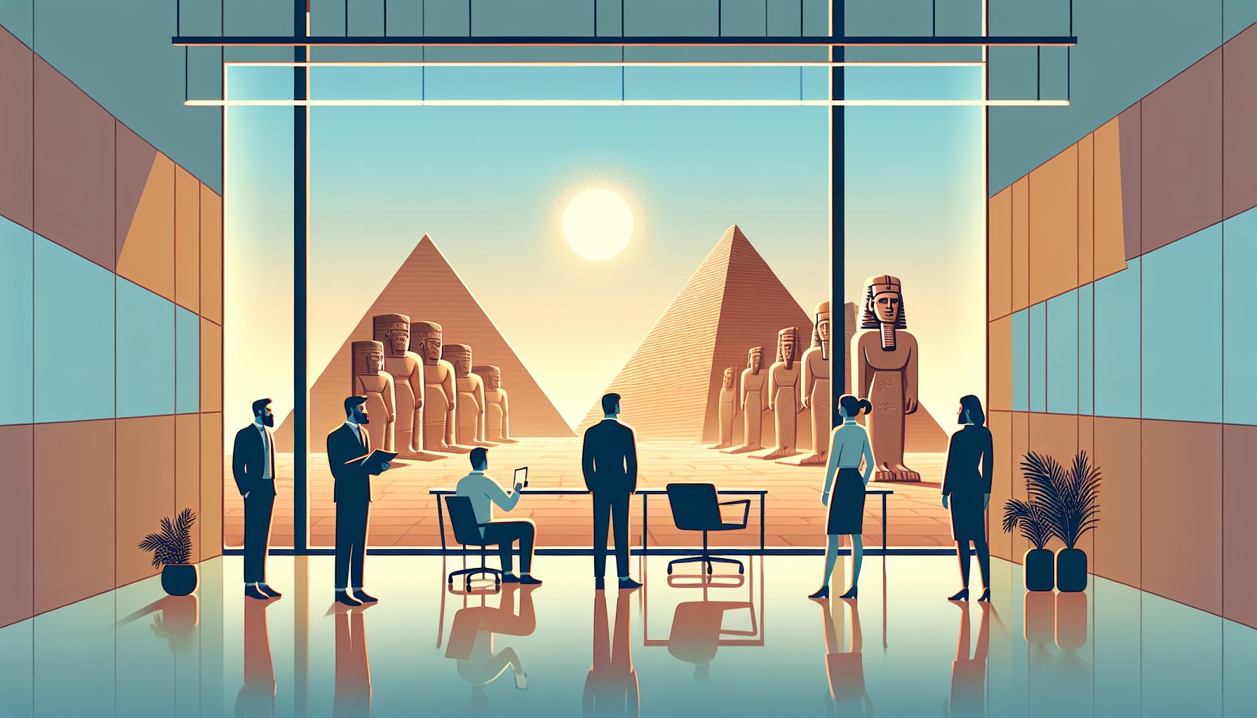 シュメール文明 人類誕生神話と現代人の内省を対比したビジネス風イラスト