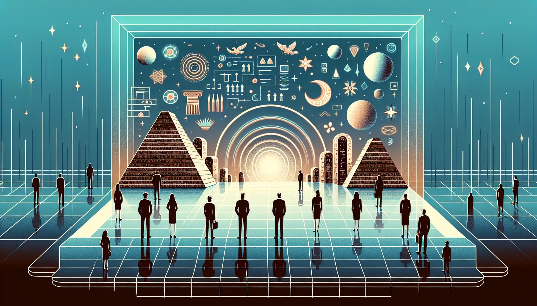 シュメール文明 人類誕生の謎と古代神話、現代的データ空間が対比された概念イラスト