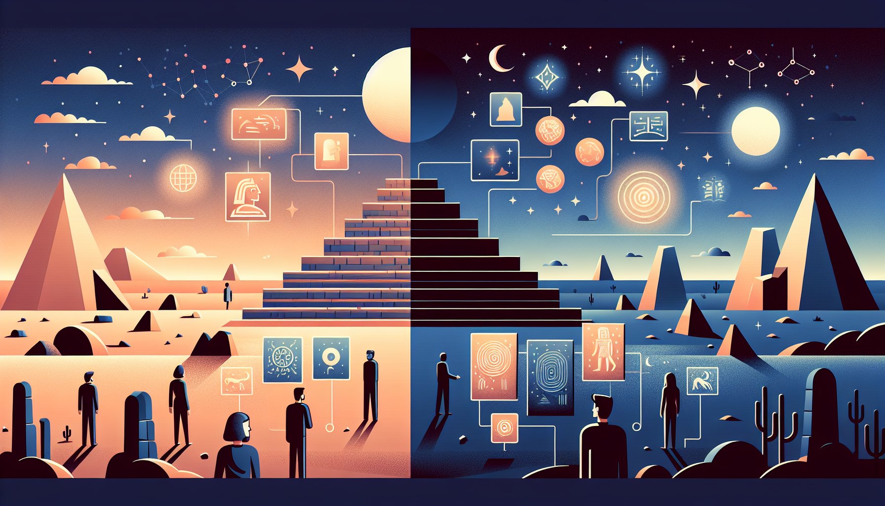 砂漠に広がるシュメール文明 遺跡、研究データと神秘的な物語が対比されたイメージ