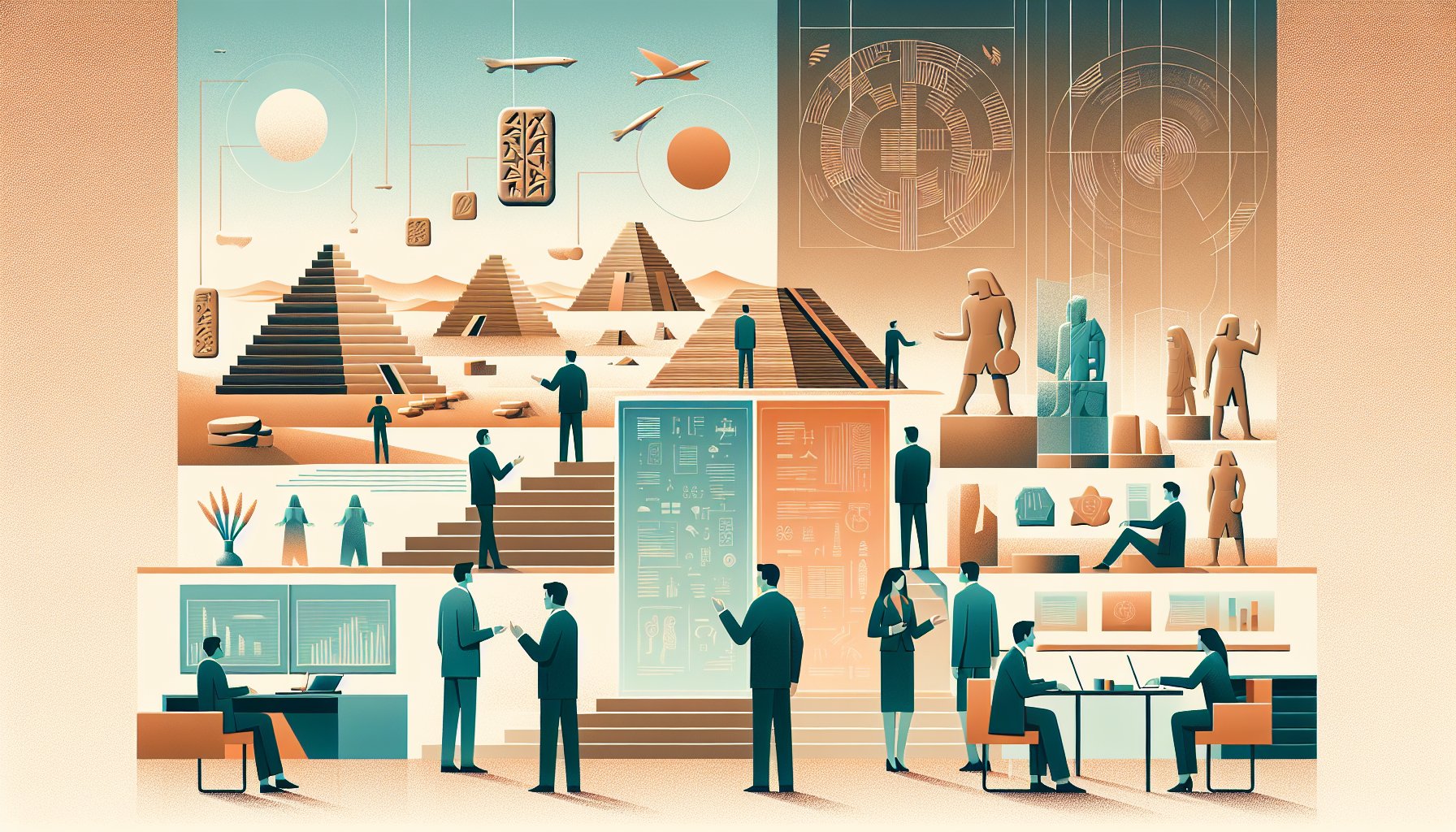 シュメール文明 発掘の遺跡と現代研究スペースを対比し発掘史と学術整理を象徴的に描写