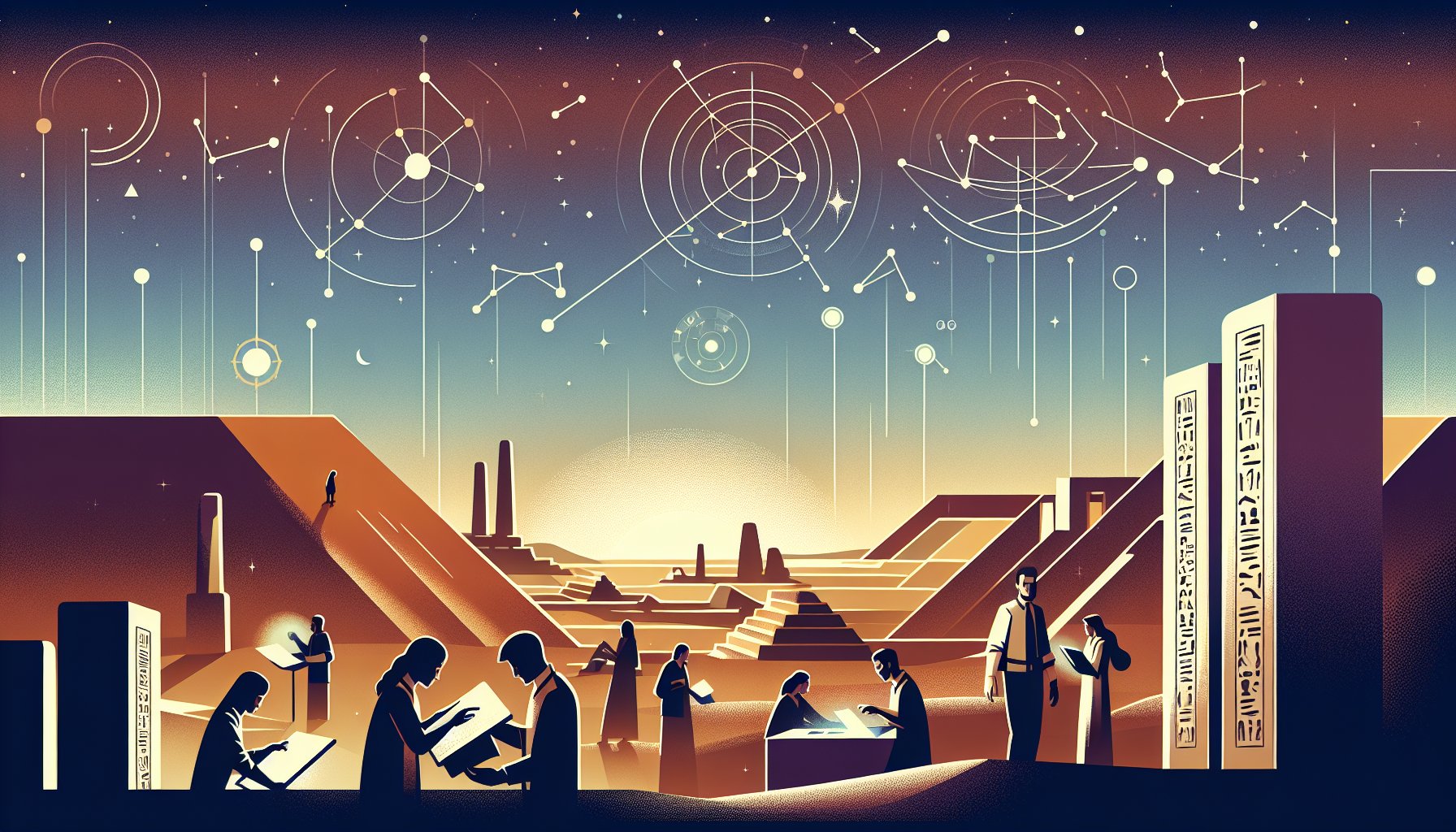 黄昏の砂漠でシュメール文明 発掘を行う研究者と星座図が対比されたイラスト