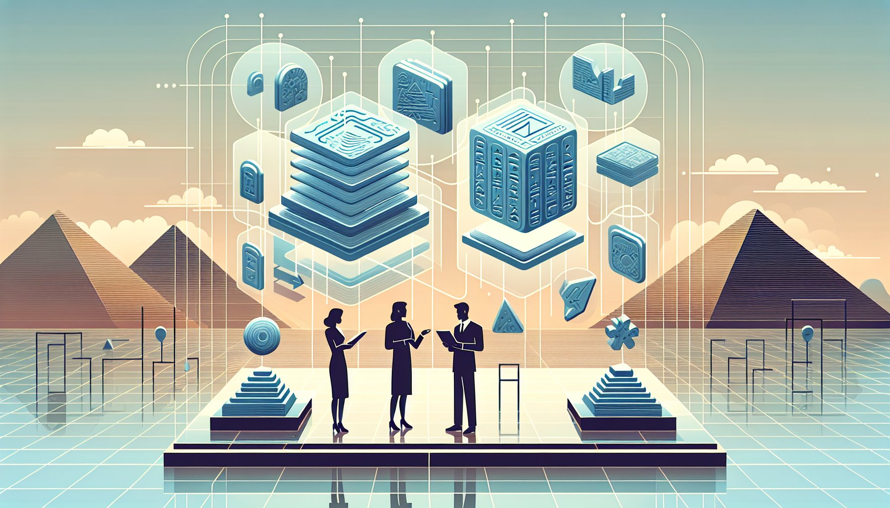 シュメール文明 発掘現場と都市伝説的解釈の層を対比した抽象イラスト