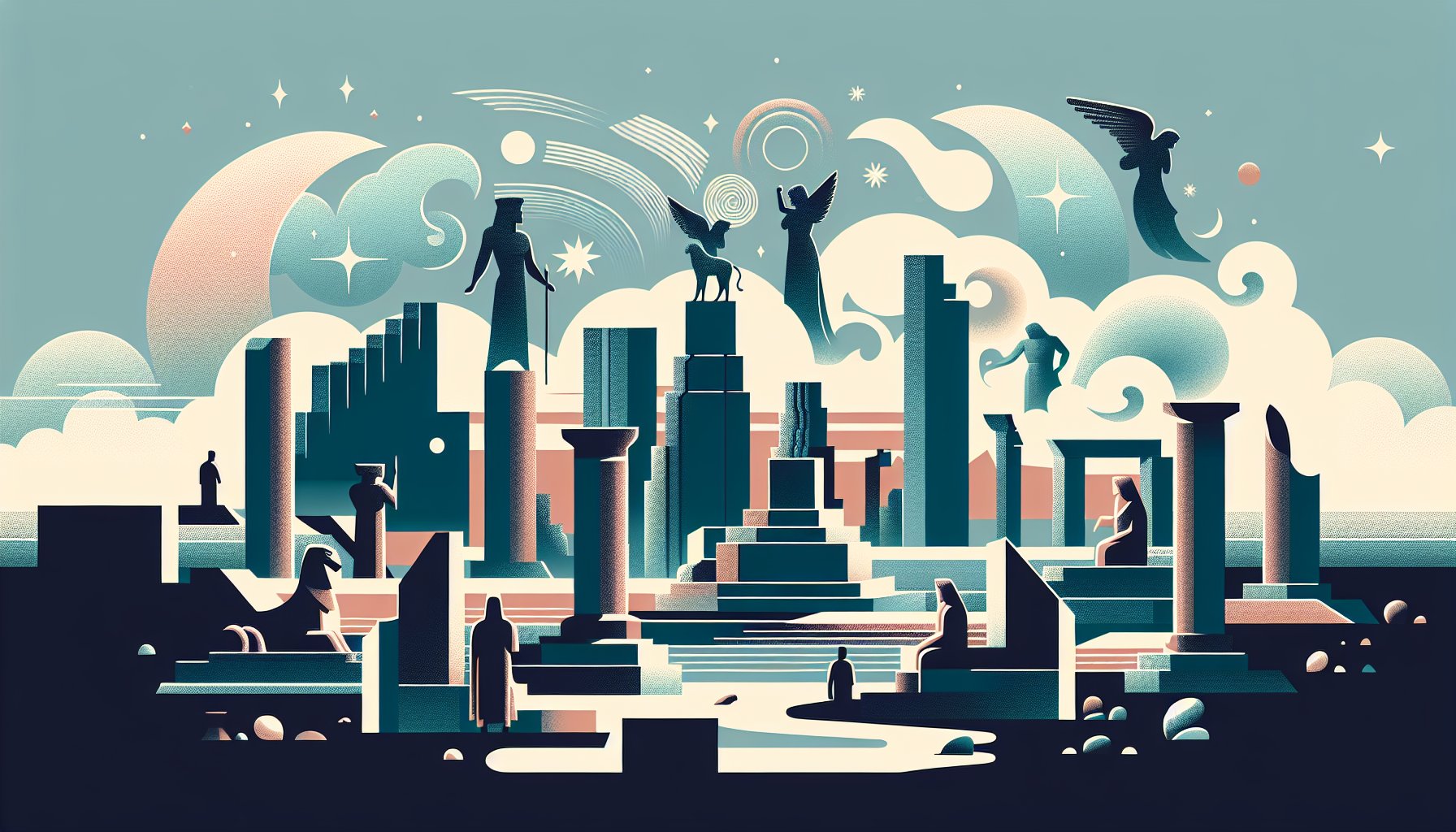 黄昏の空に神話的な影が浮かぶメソポタミア 遺跡を静かに見つめる人々