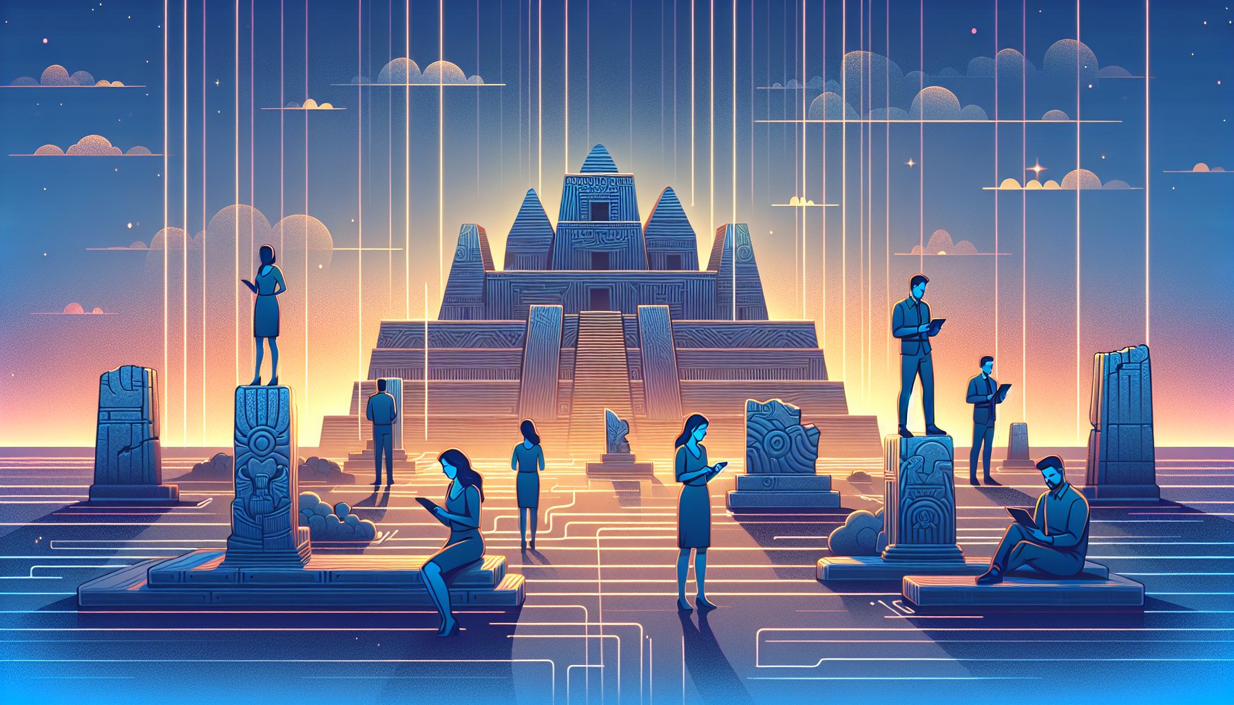 黄昏のメソポタミア 遺跡を現代人がタブレットで観察し都市伝説的に思索する様子