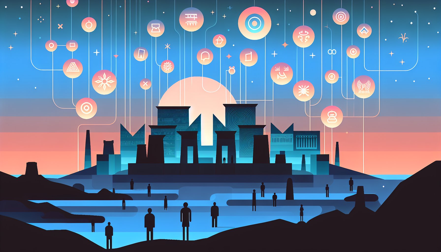 メソポタミア 遺跡を舞台に歴史と都市伝説が交差する情景を象徴的に描いたイラスト