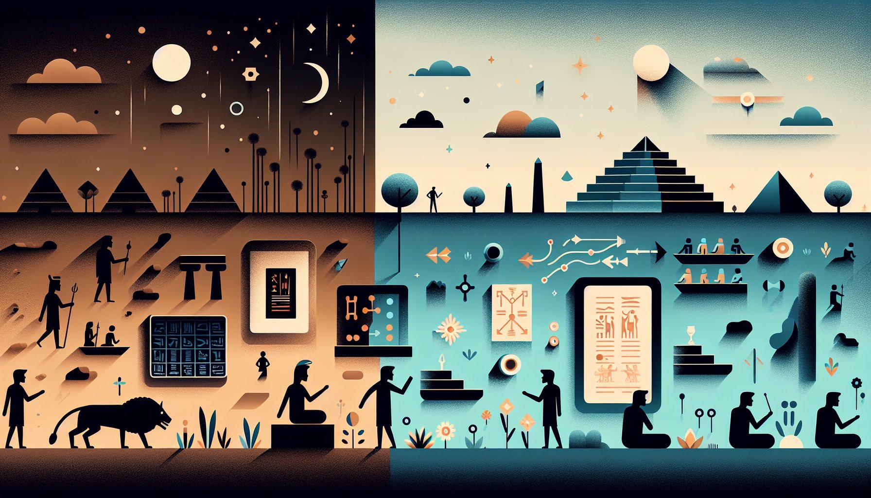 シュメール文明 最新研究による像を象徴的に示す都市と研究者の対比イラスト