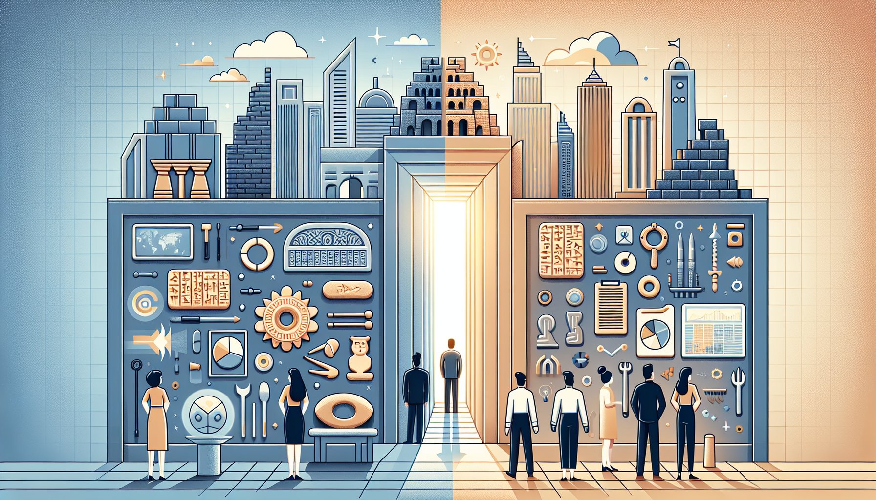 シュメール文明 最新研究と都市伝説を対比し、古代遺跡と現代都市が向き合う抽象イラスト