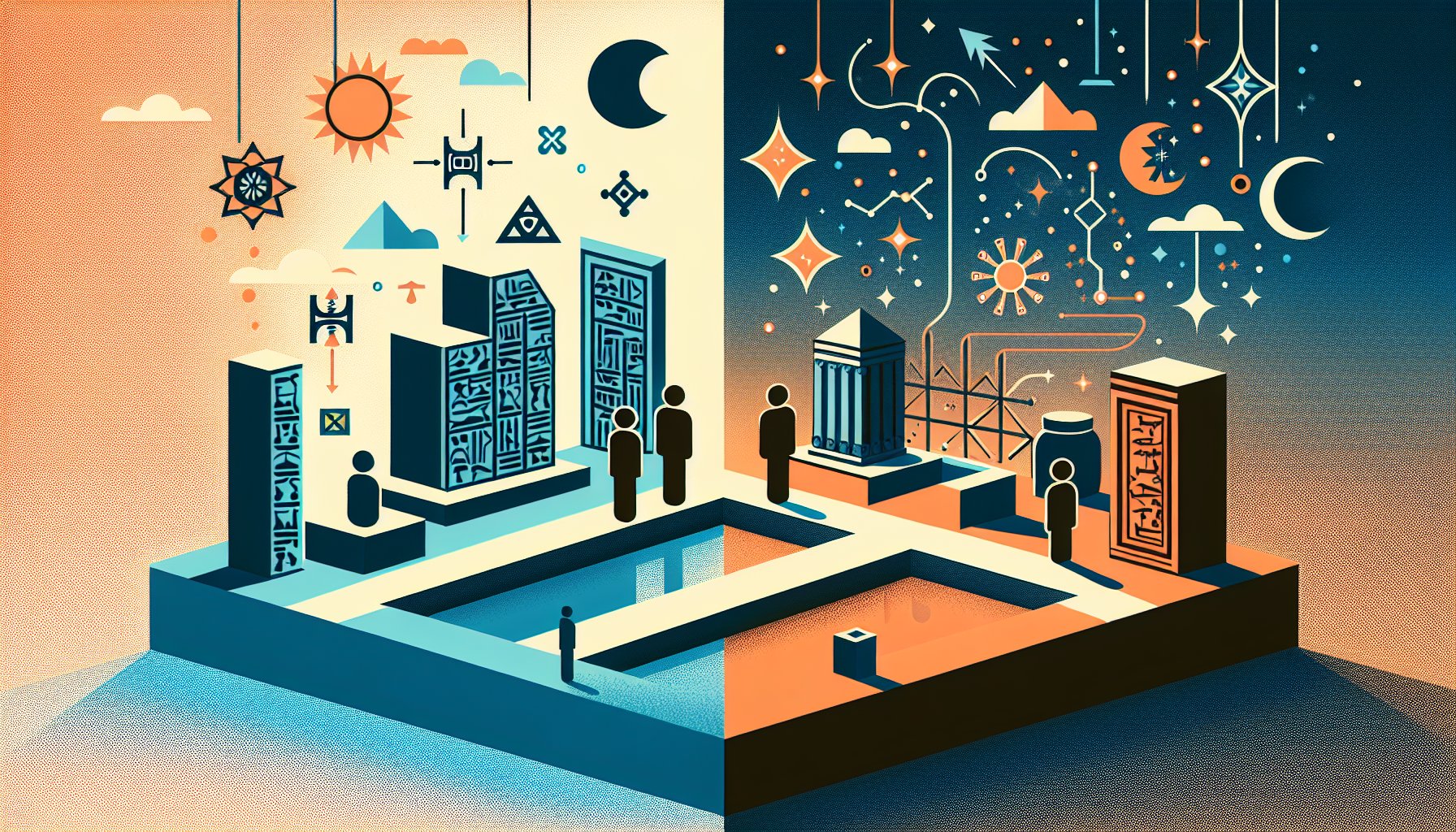 シュメール文明 最新研究と都市伝説を対比し、証拠と想像のバランスを考える構図