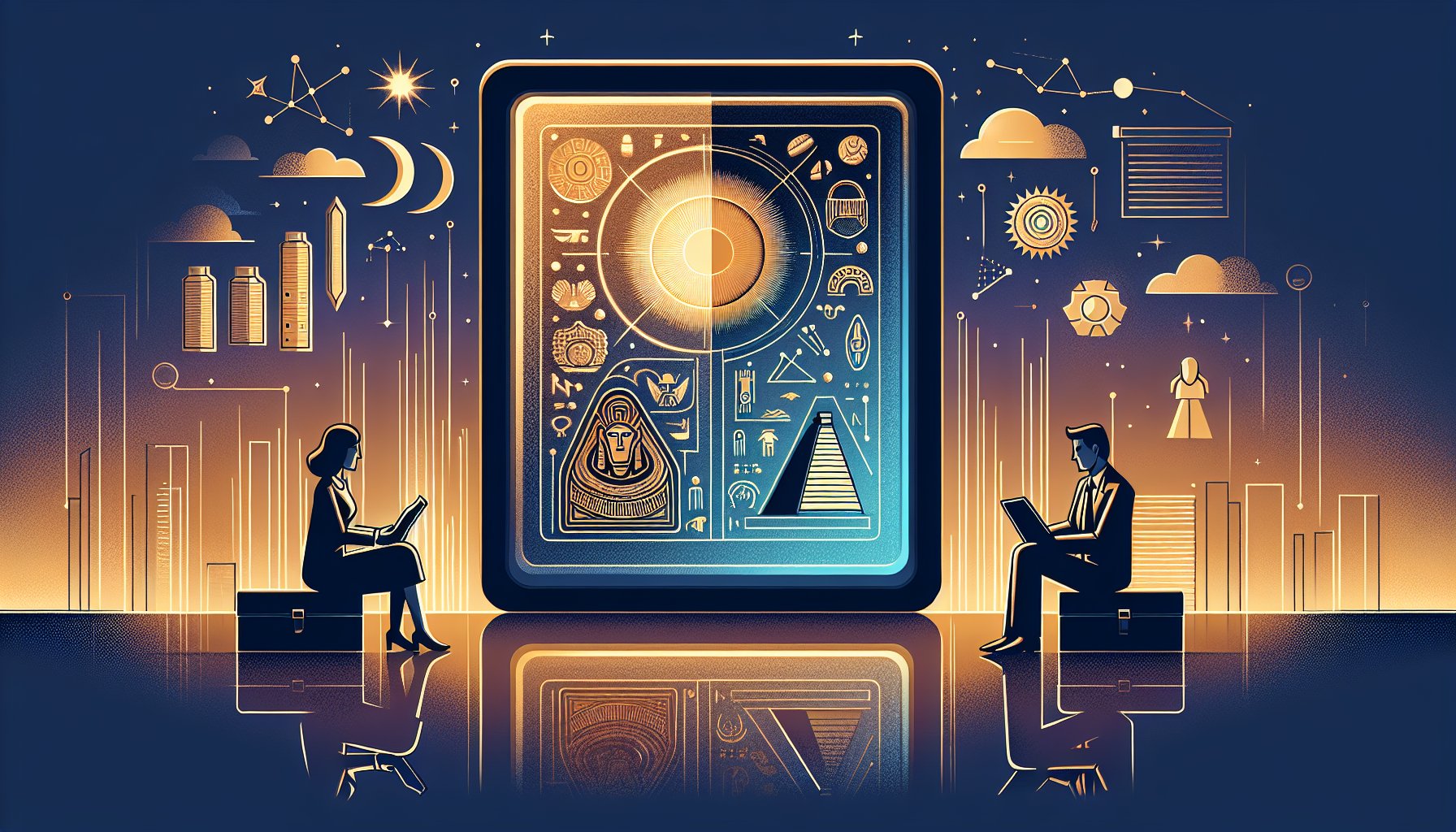 アヌンナキ 神々の正体を現代的に考察する人々と古代文明を対比したイラスト