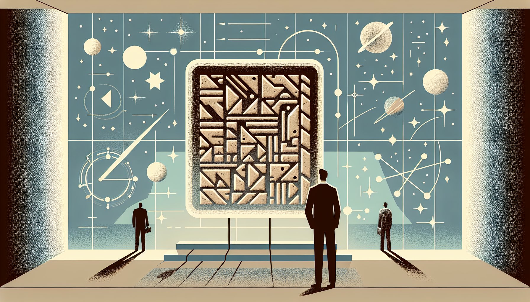 シュメール文明と宇宙人を象徴する石板と星空、静かに観察する人と光の存在