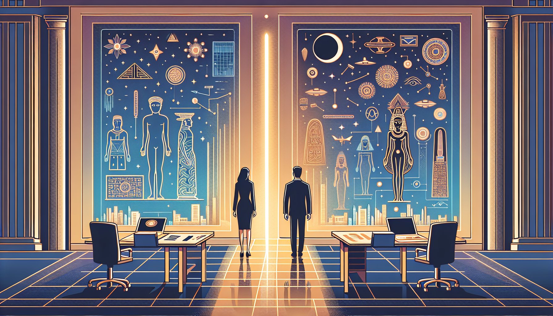 シュメール文明と宇宙人を対比し、史料に基づく歴史研究と想像的な宇宙人説のずれを象徴的に描くイラスト