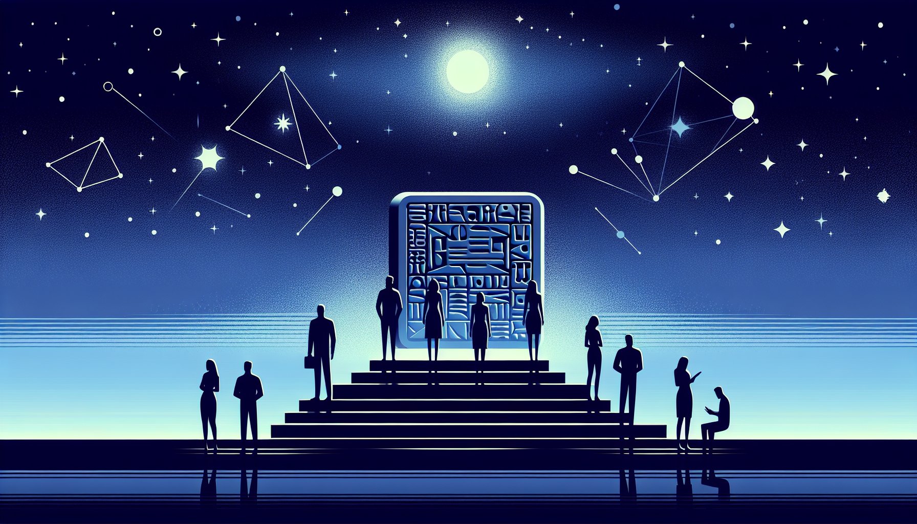 シュメール文明と宇宙人を象徴する遺跡風プラットフォームと星空を見上げる人々