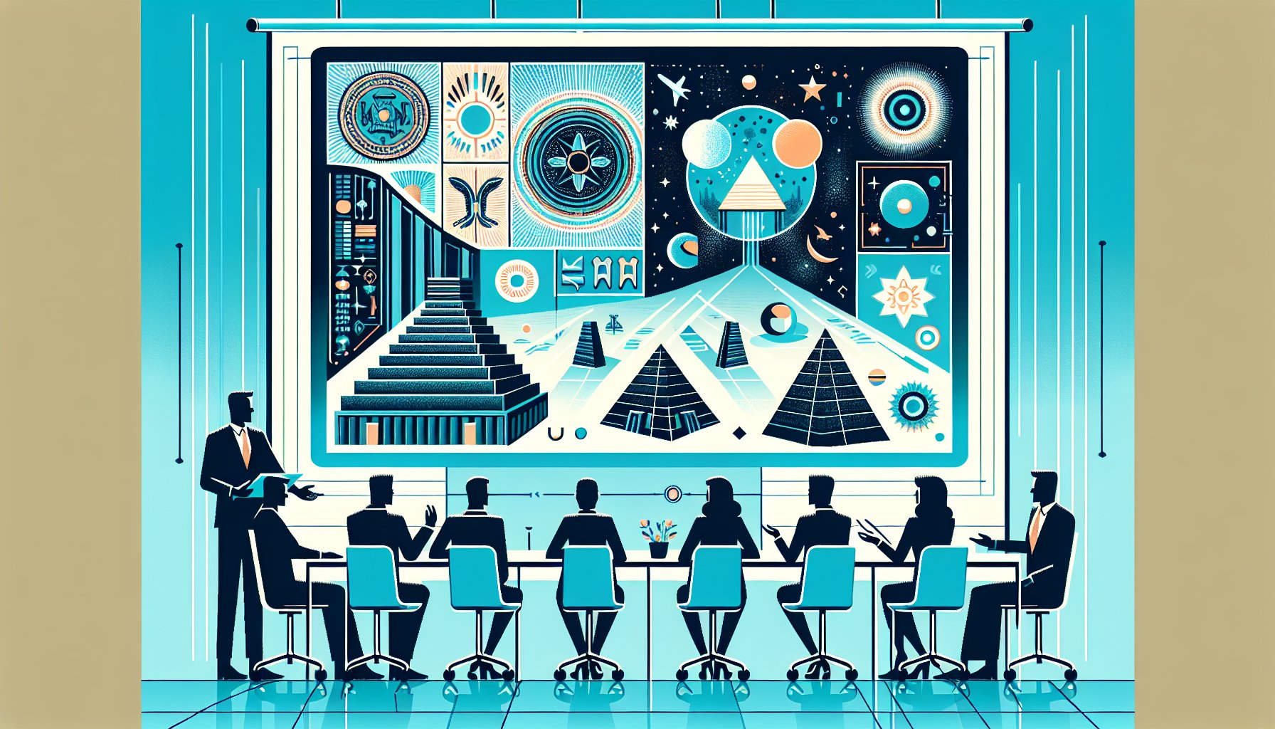会議室でシュメール文明と宇宙人を冷静に議論する人々のイラスト