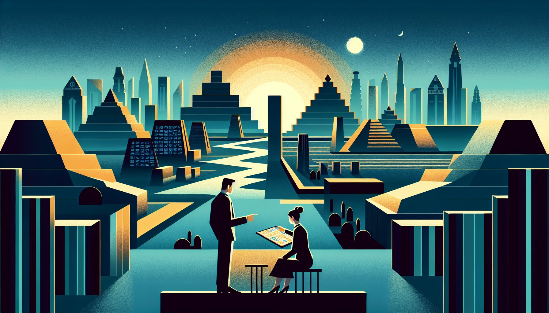 黄昏の都市と浮かぶ楔形文字の石板で象徴的に描く古代文明の謎 シュメール