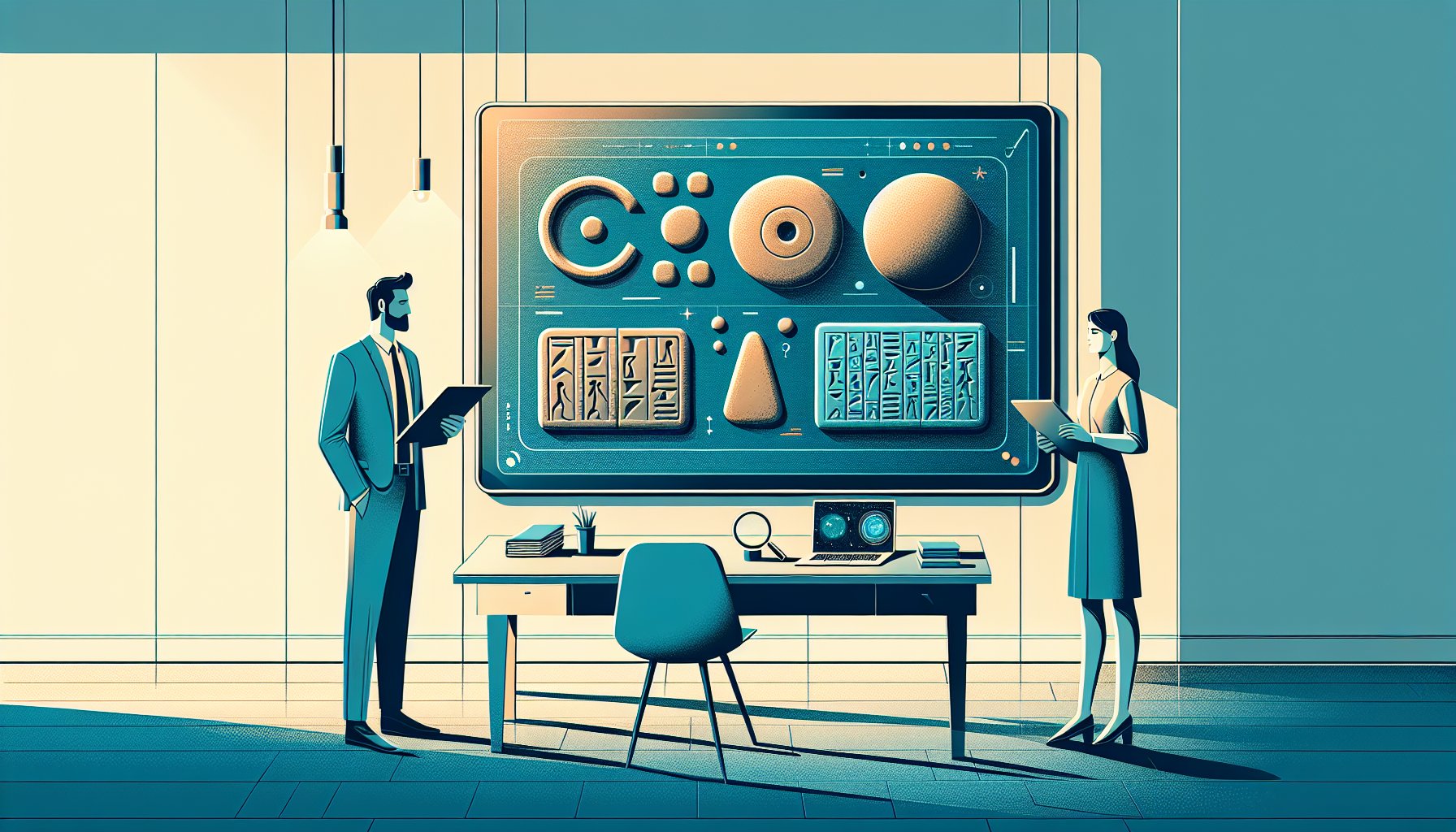 古代文明の謎 シュメールを研究する現代オフィス、粘土板と宇宙的イメージを対比したイラスト