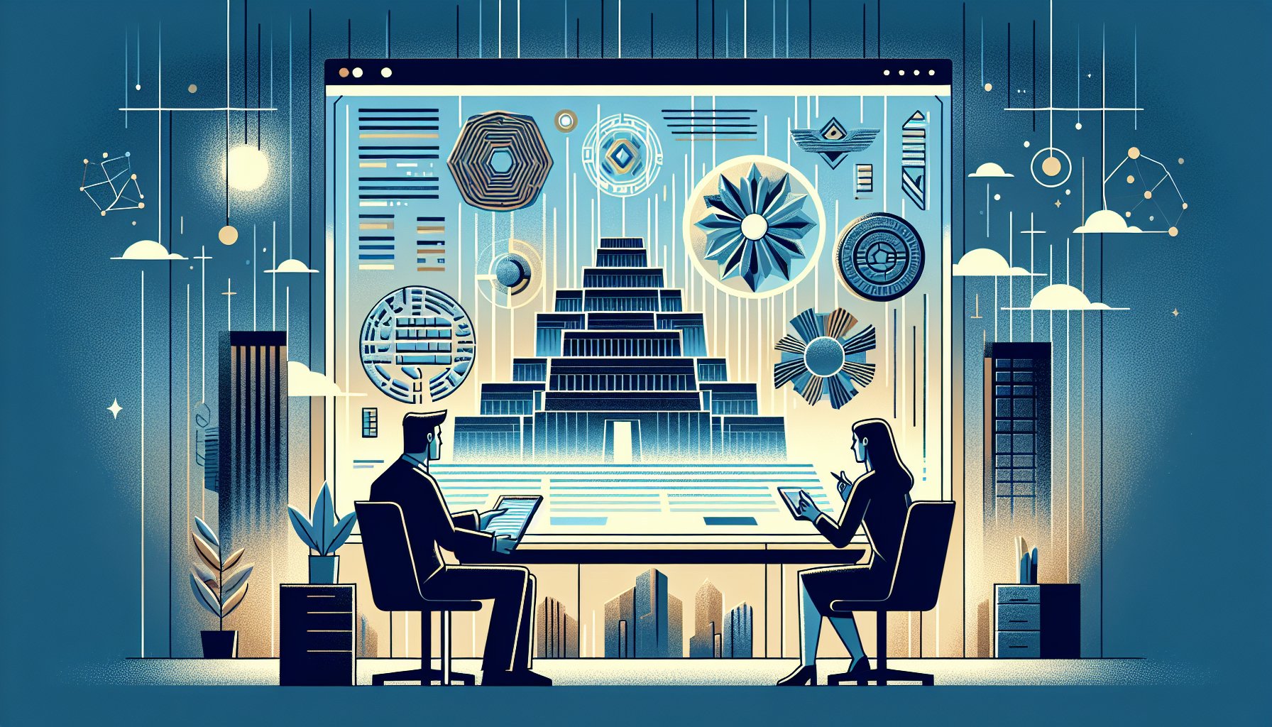 古代文明の謎 シュメールを分析的に振り返る現代オフィス風イラスト