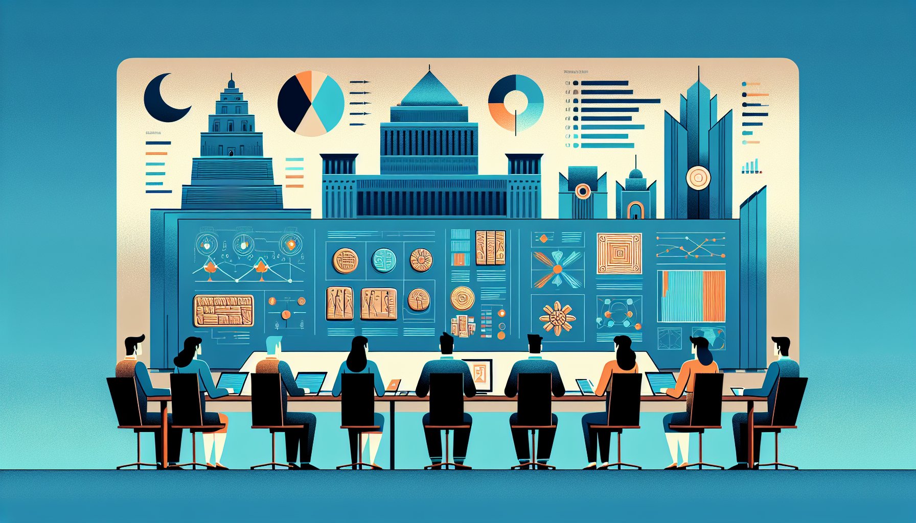 シュメール文明 科学を象徴的に分析する学者たちと都市や粘土板、年表のイラスト