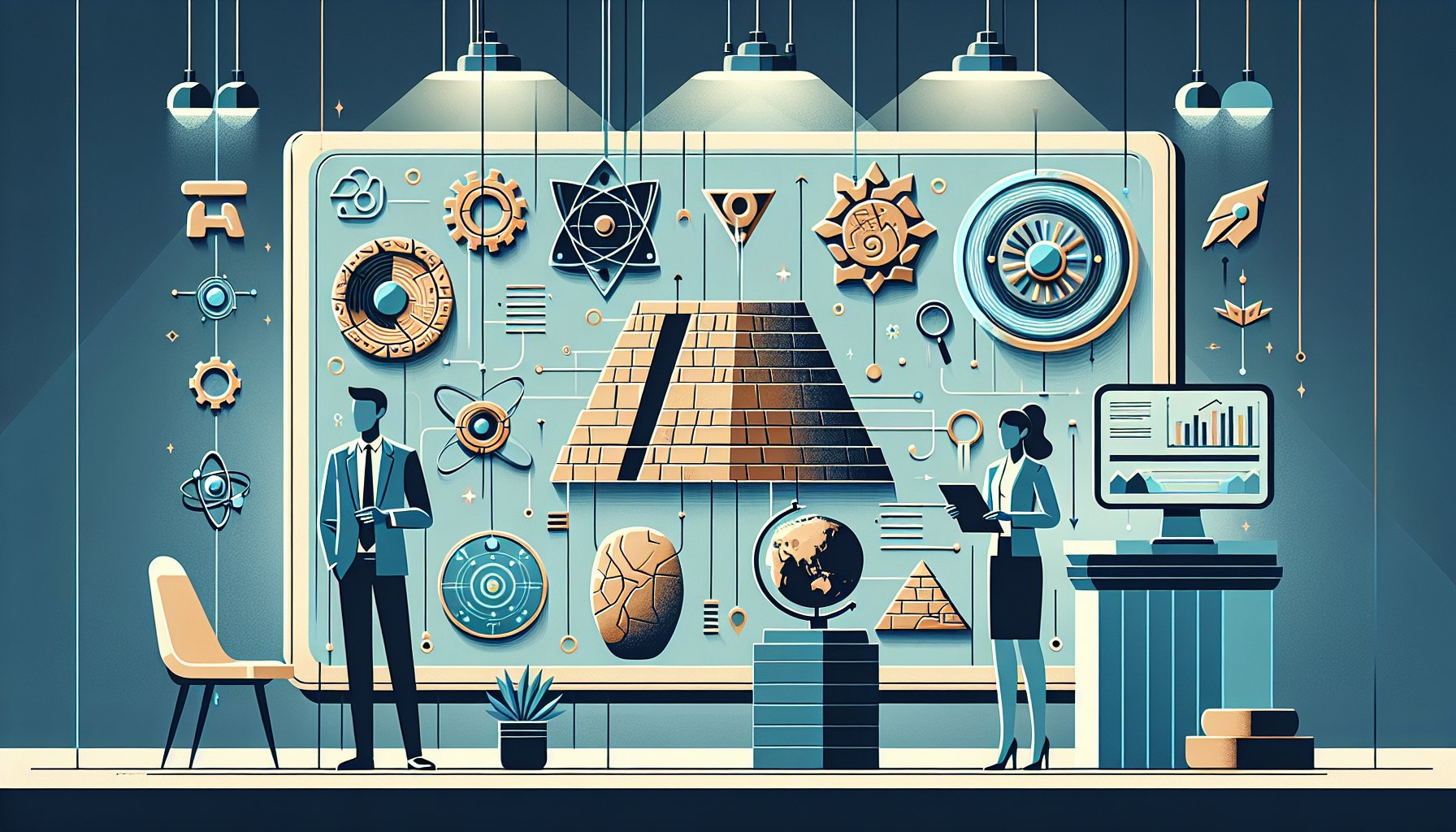 シュメール文明 科学を題材に、神秘的な伝説表現と現代的な科学的検証を対比したイラスト