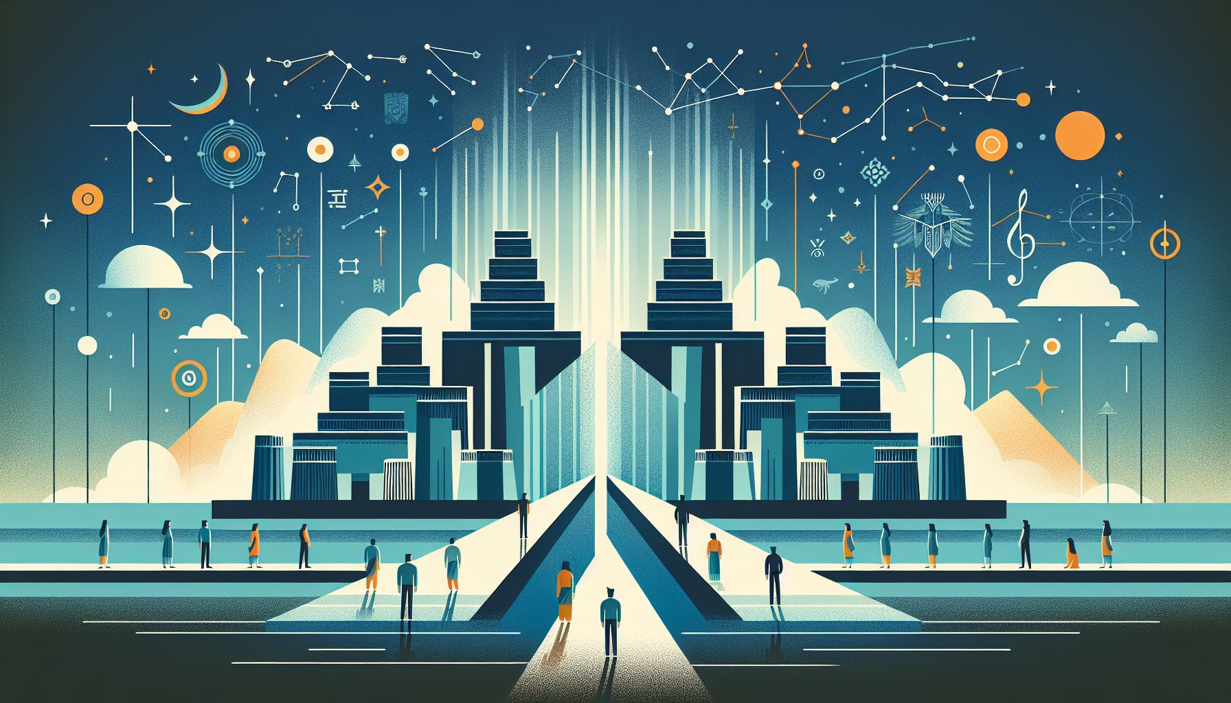 シュメール文明 科学を象徴する都市の遺跡と神話的風景を橋でつなぐ抽象イラスト