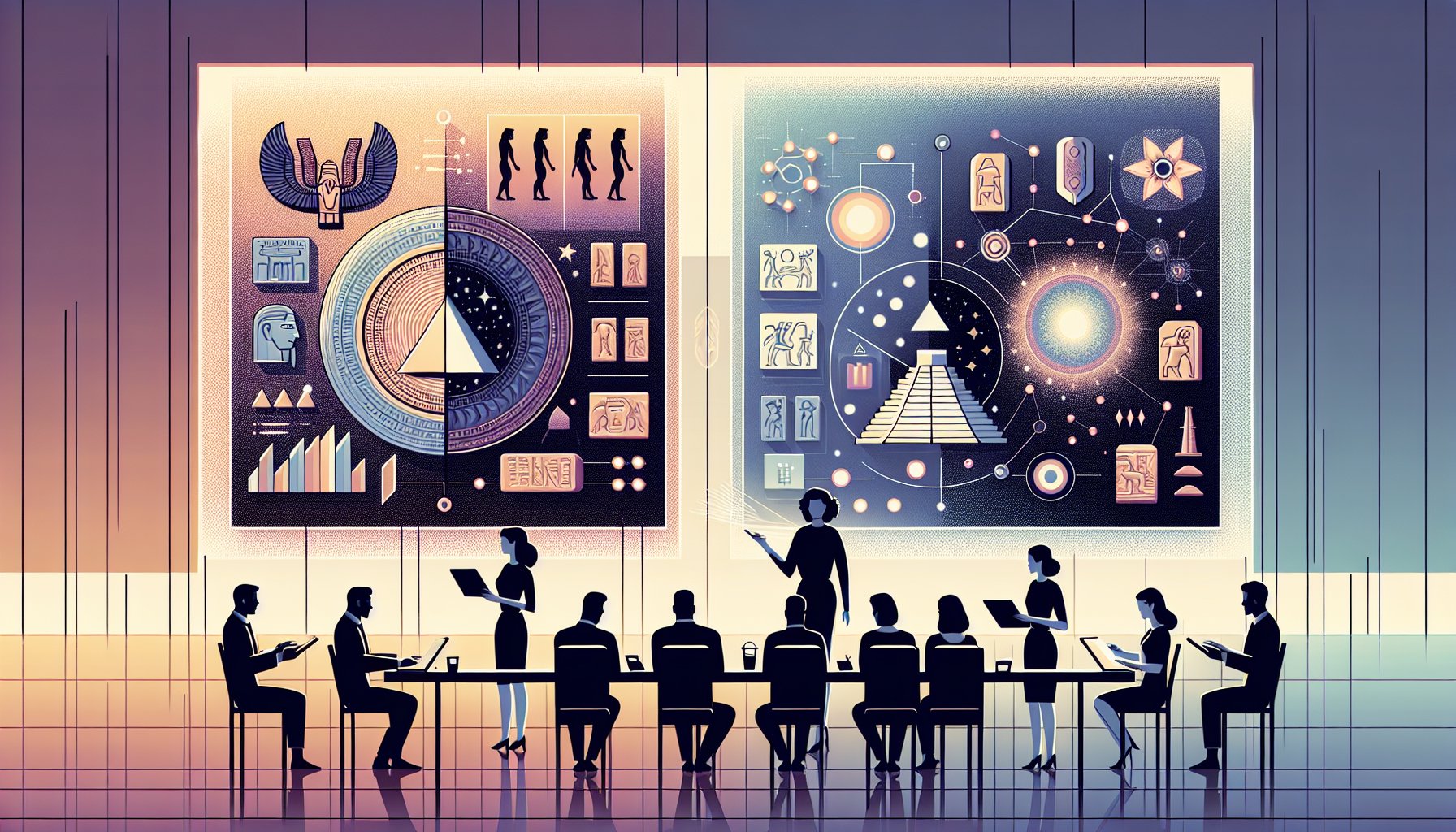 シュメール文明 科学をテーマに、遺物分析と宇宙的な都市伝説イメージが調和するワークスペース