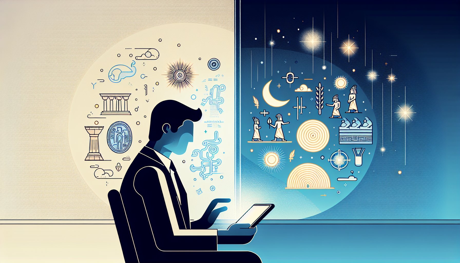 シュメール文明 技術を冷静に検証する大人と神話的イメージを対比したビジネス風イラスト