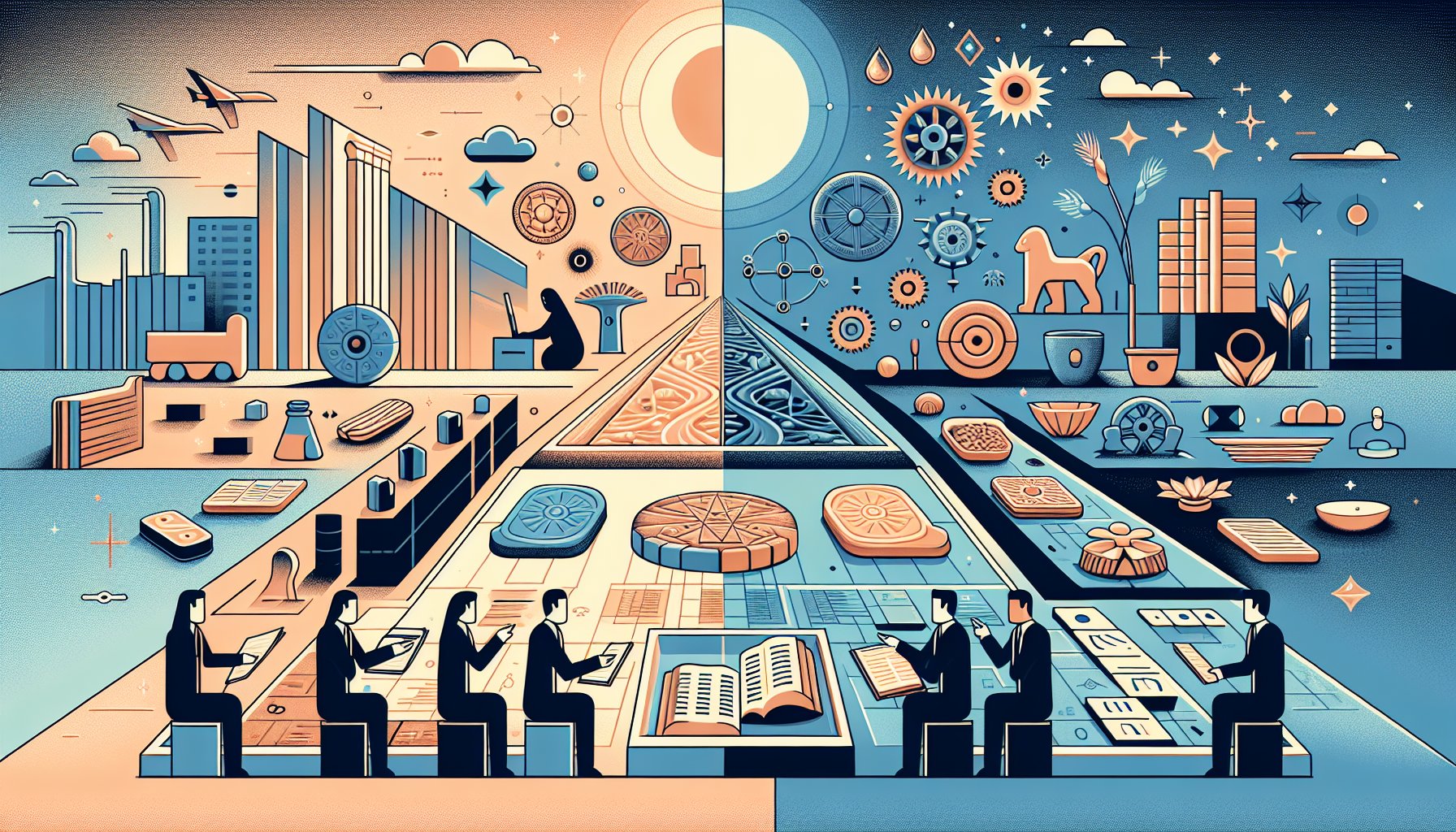 シュメール文明 技術を巡る都市伝説と学術的研究の対比を示すイラスト