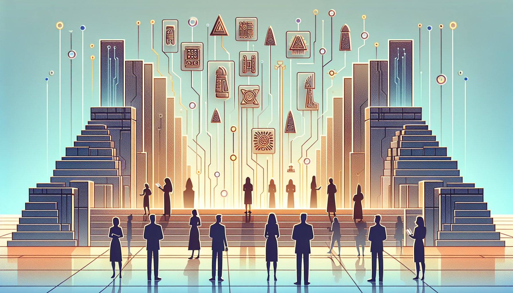 シュメール文明 技術と現代テクノロジーが対比されたビジネス風イラスト