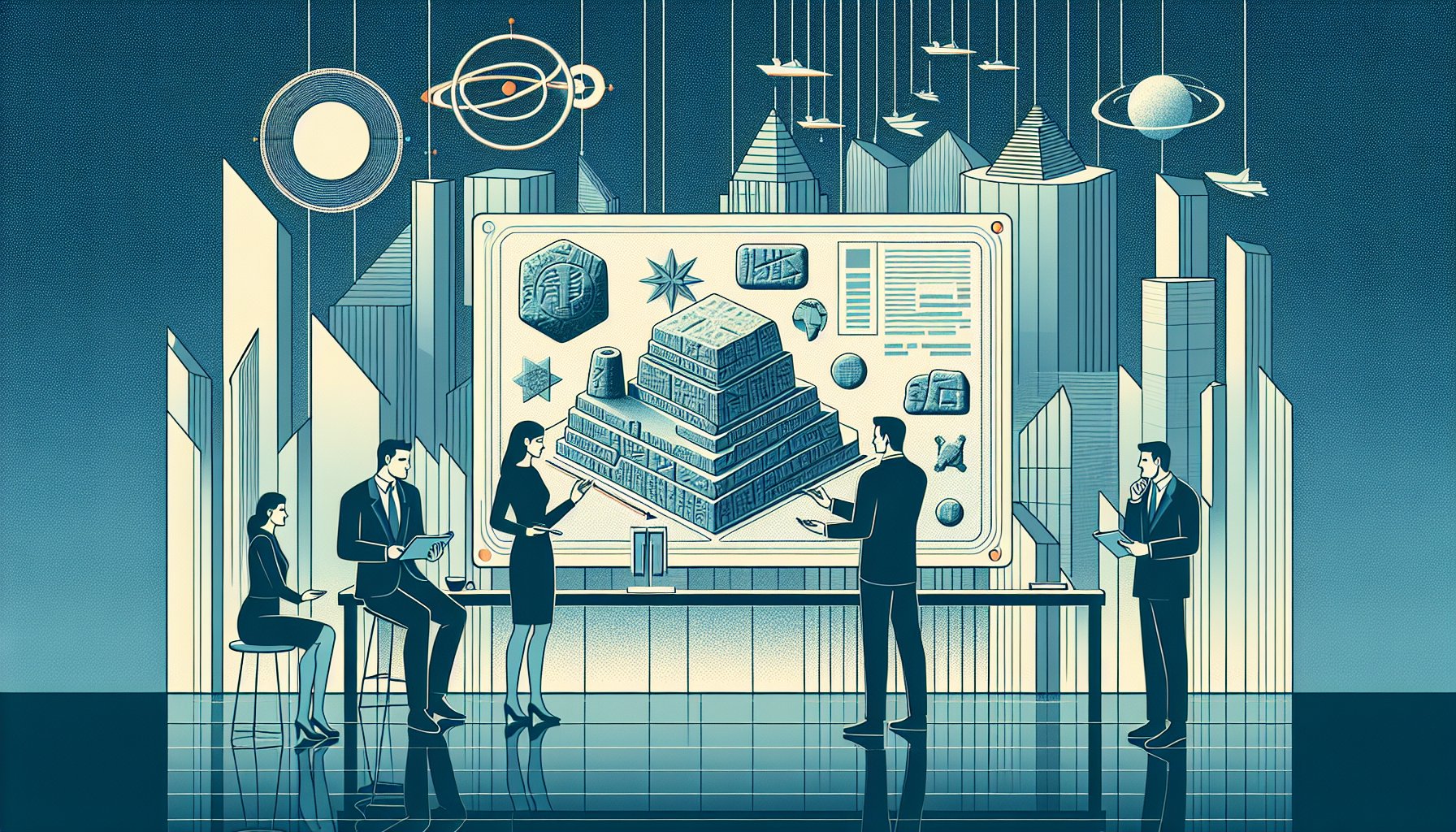 現代オフィスで研究者が画面の楔形文字と星図を眺める、シュメール文明の不思議と都市伝説の対比